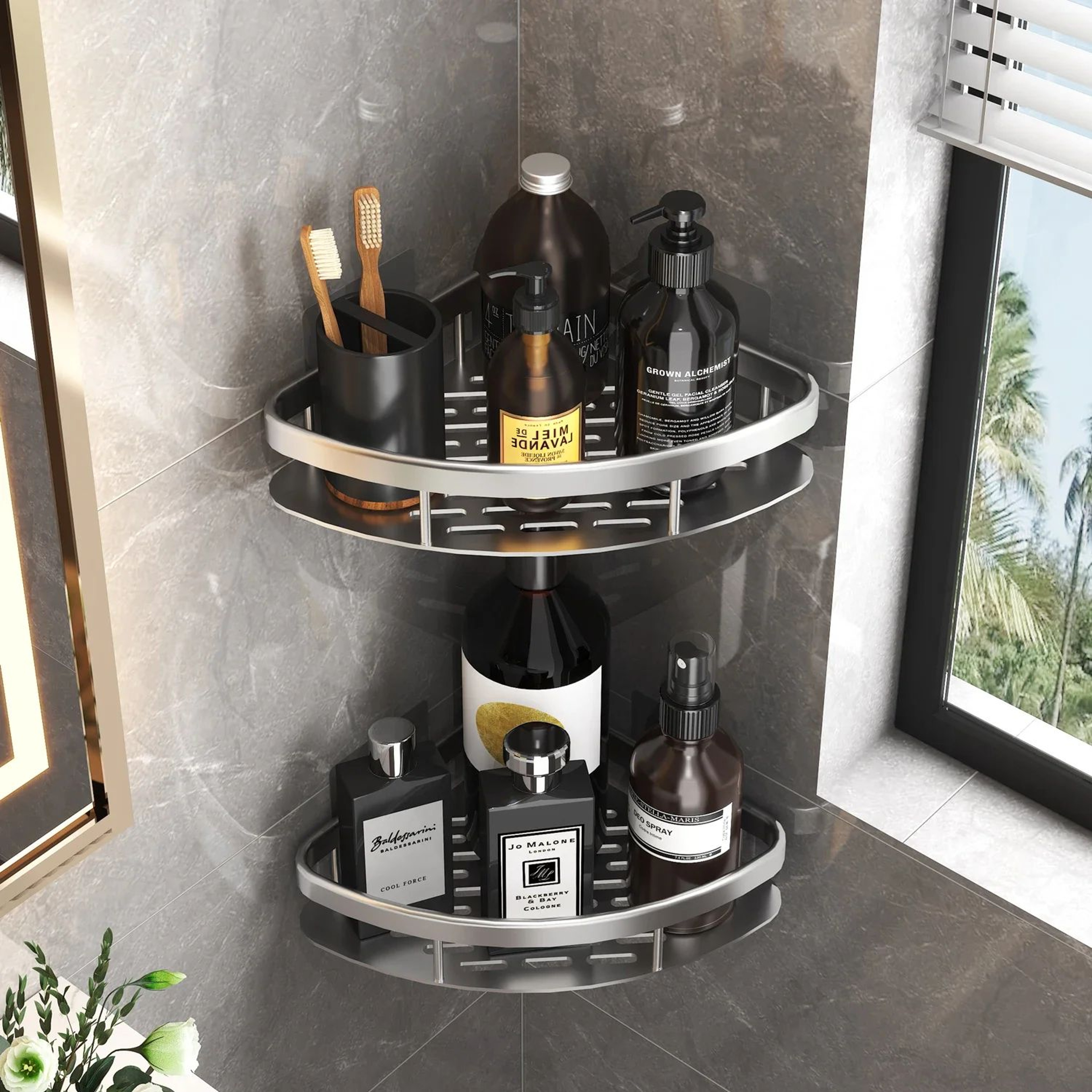 No Drill Aluminum Bathroom Corner Shelf Shower Organizer 1