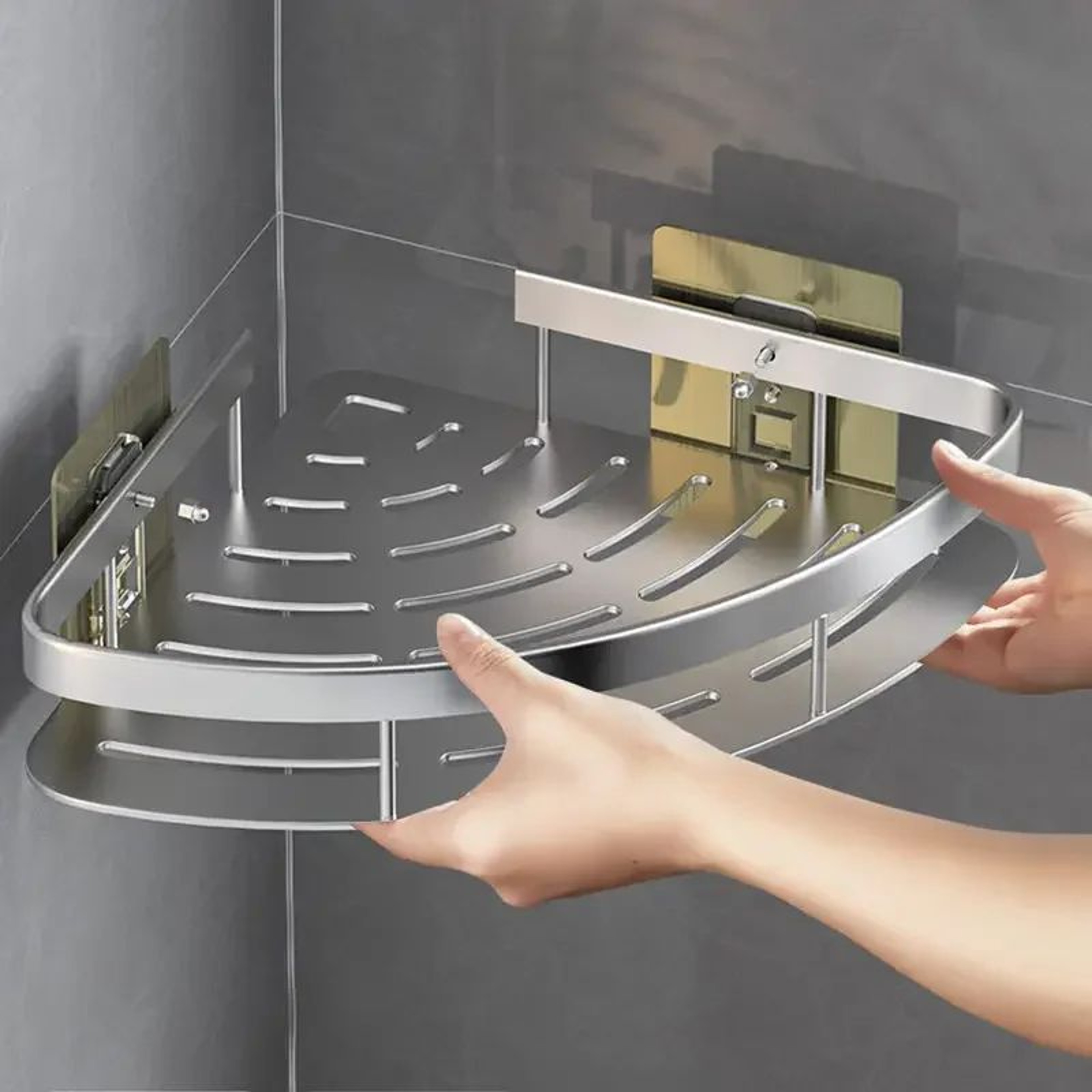 No Drill Aluminum Bathroom Corner Shelf Shower Organizer 4