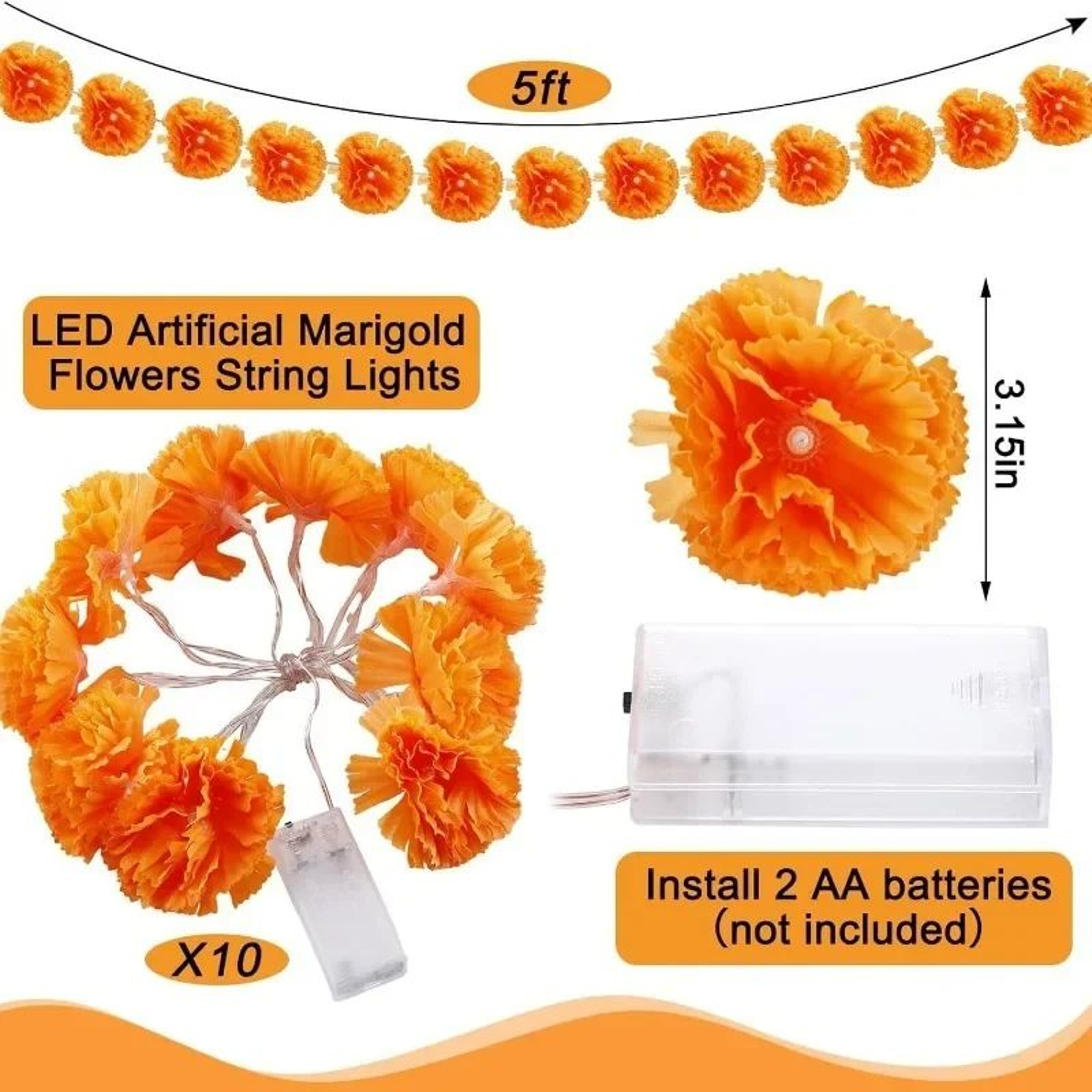 5 Ft LED Marigold Garland Lights For Day Of The Dead And Diwali Decor 5
