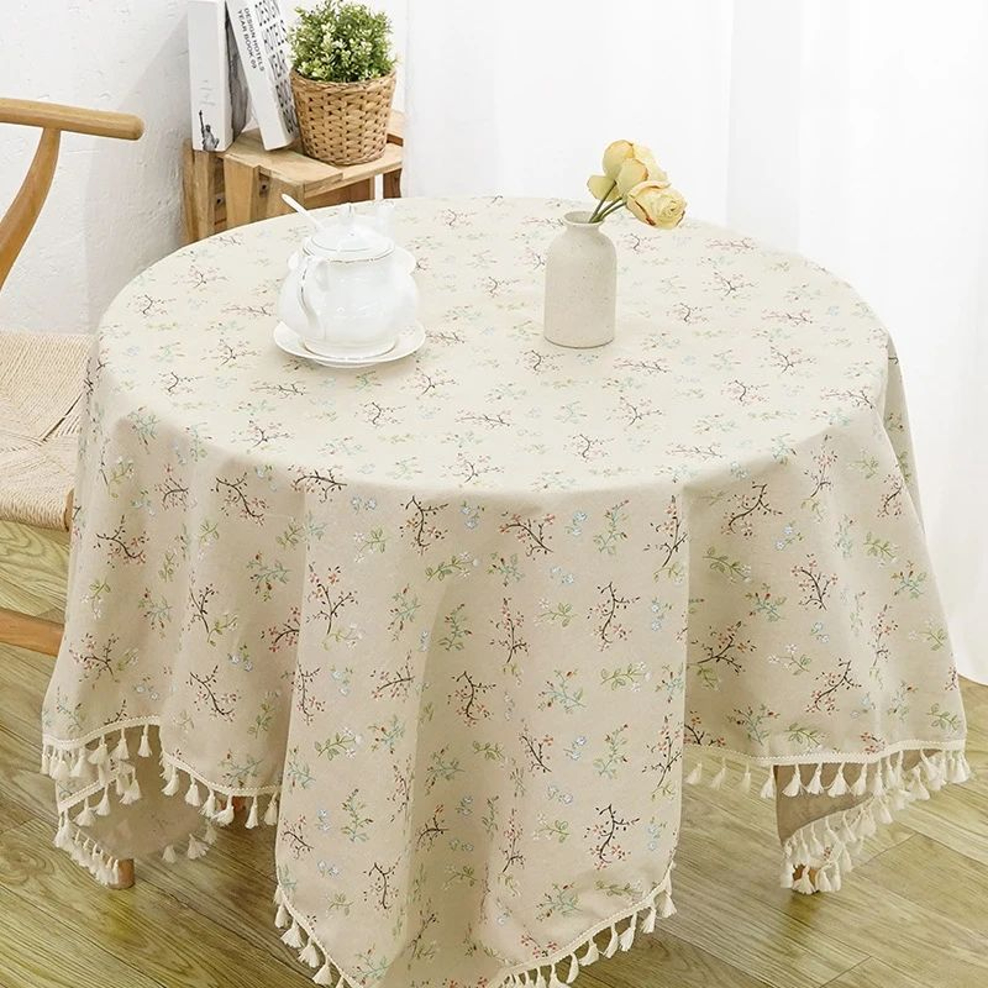 Vintage Floral Round Tablecloth Washable Farmhouse Dining Table Cover 10