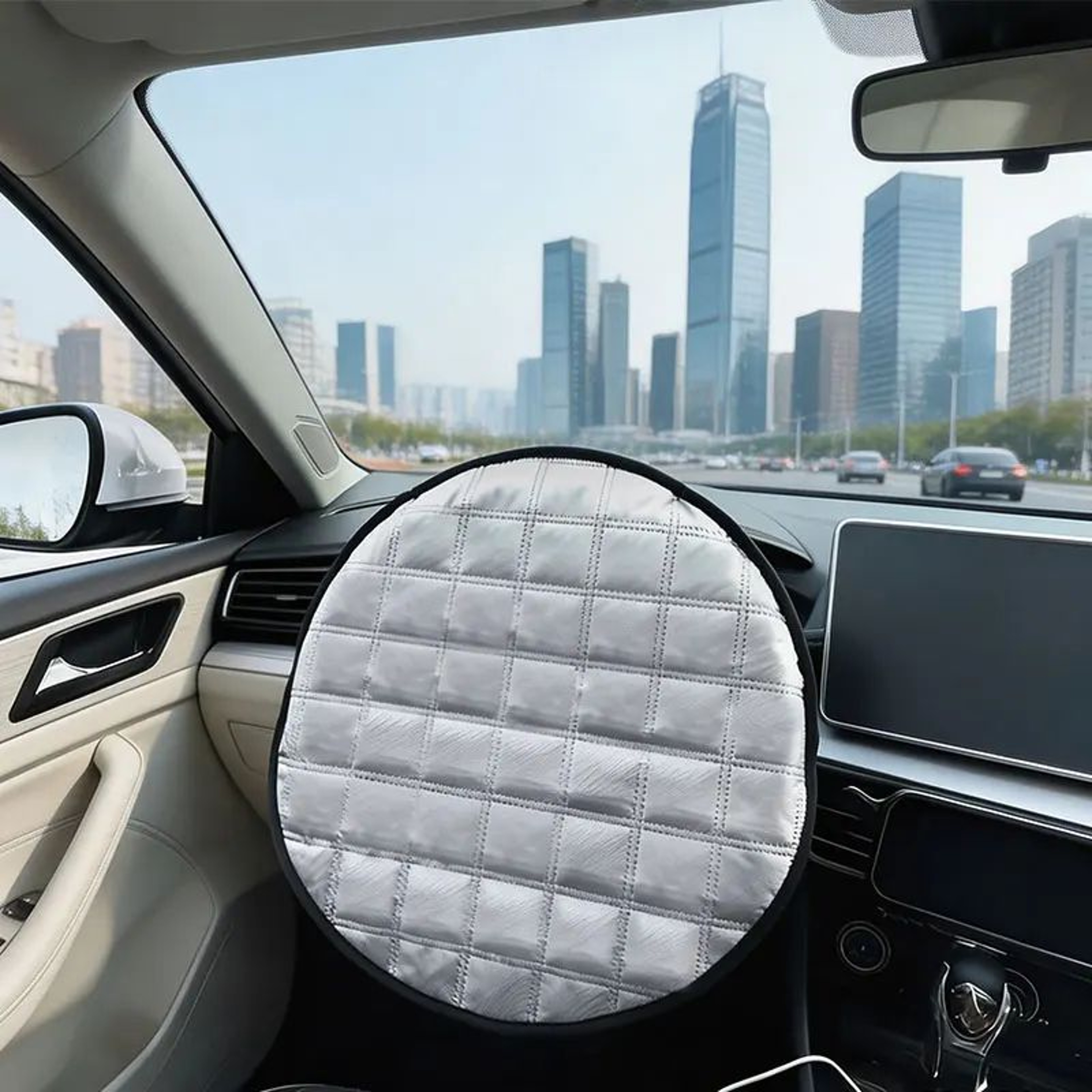 Universal Reflective Steering Wheel Sunshade Cover Foldable Heat And UV Protector 4