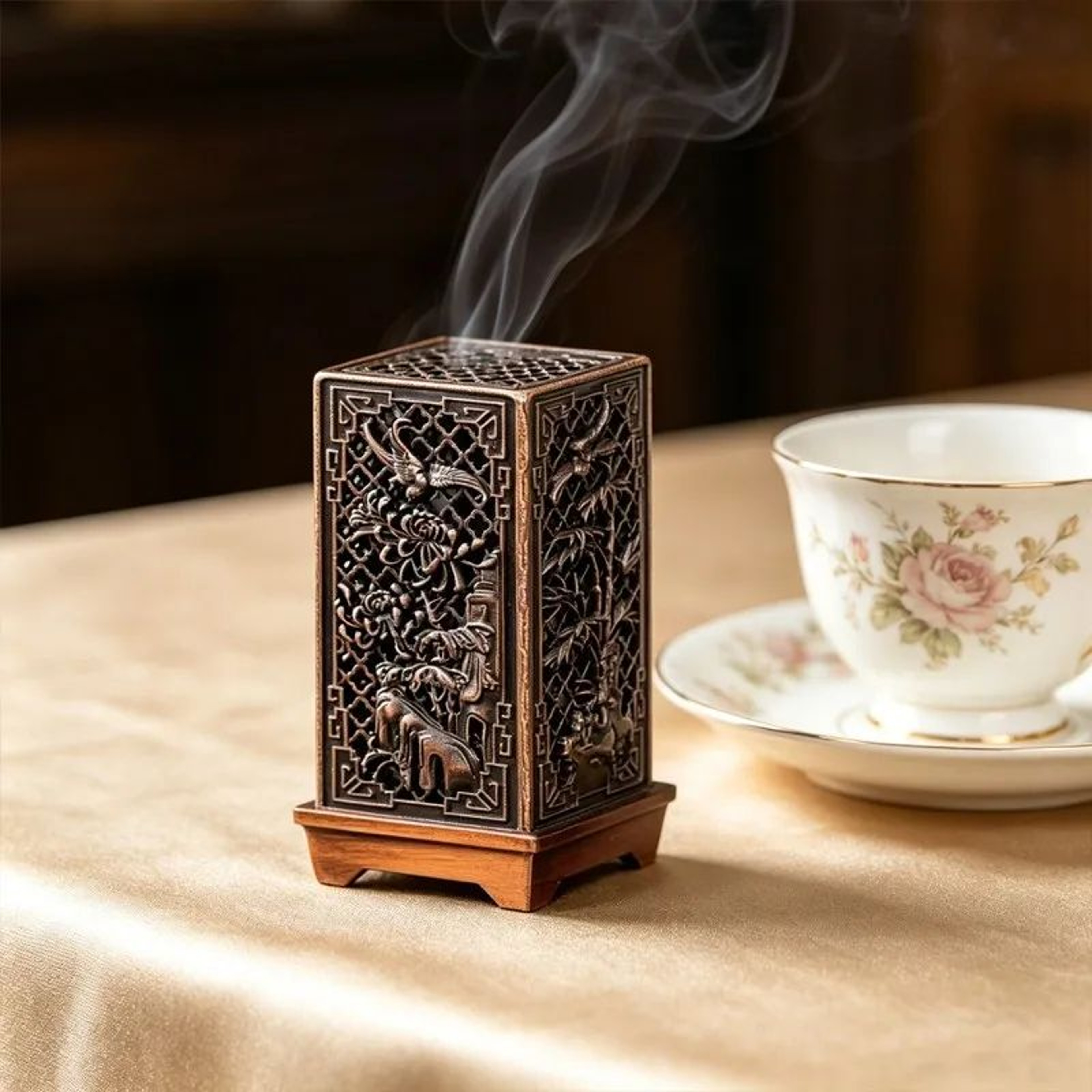 Square Vertical Zinc Alloy Incense Burner With Chinese Plum Design 0