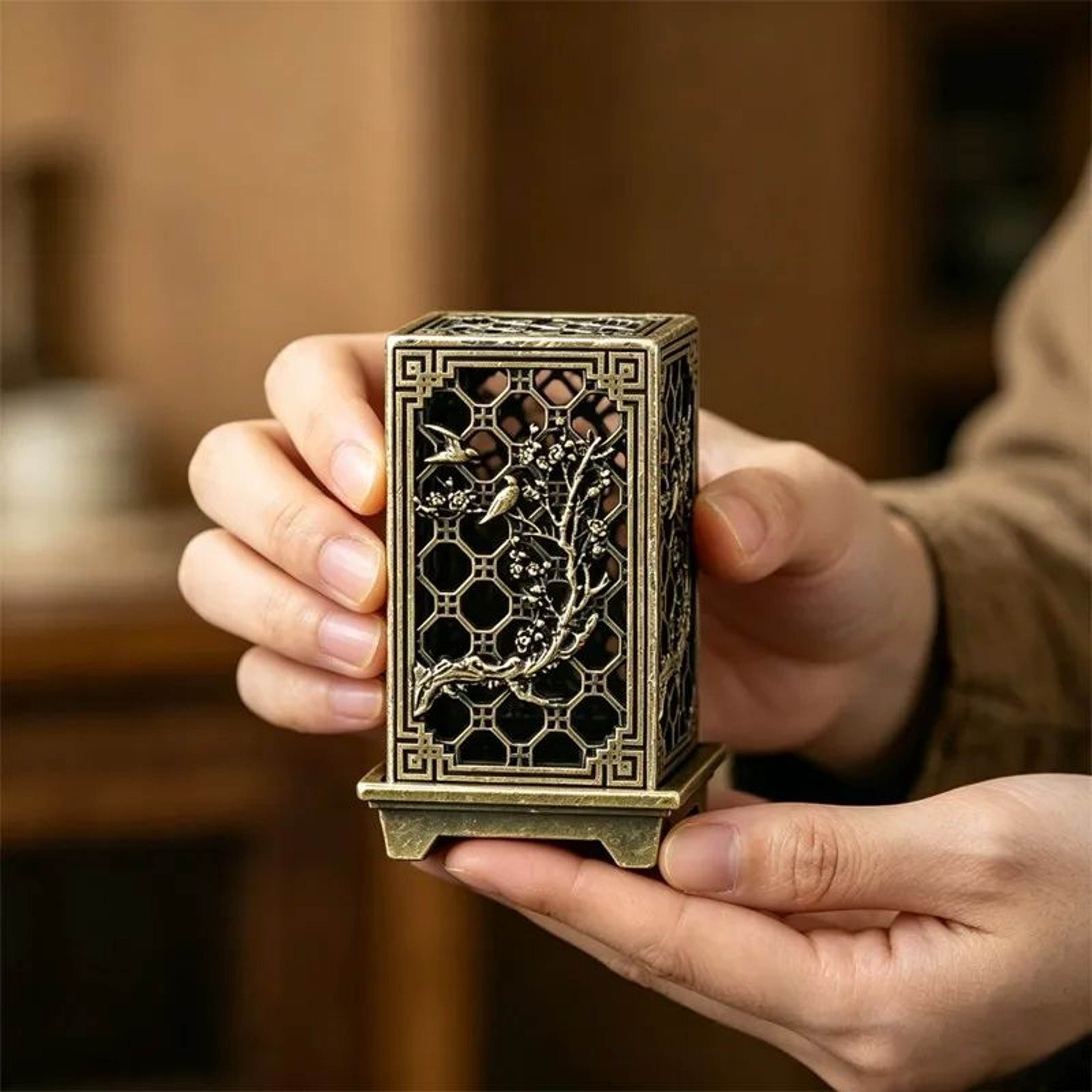 Square Vertical Zinc Alloy Incense Burner With Chinese Plum Design 2