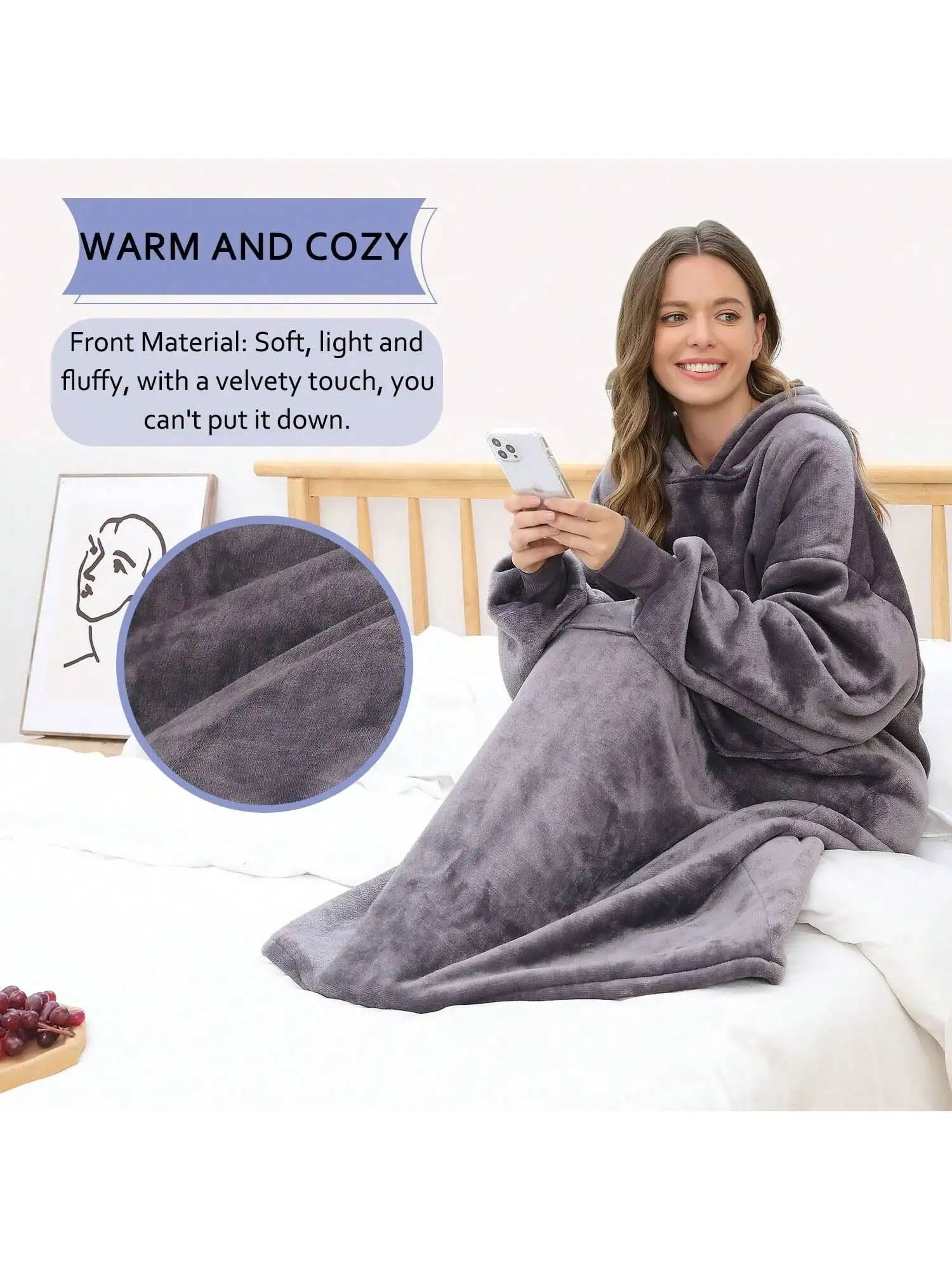 ExtraLong Flannel Wearable Blanket Hoodie With Sleeves And Pockets  57 Inch 2