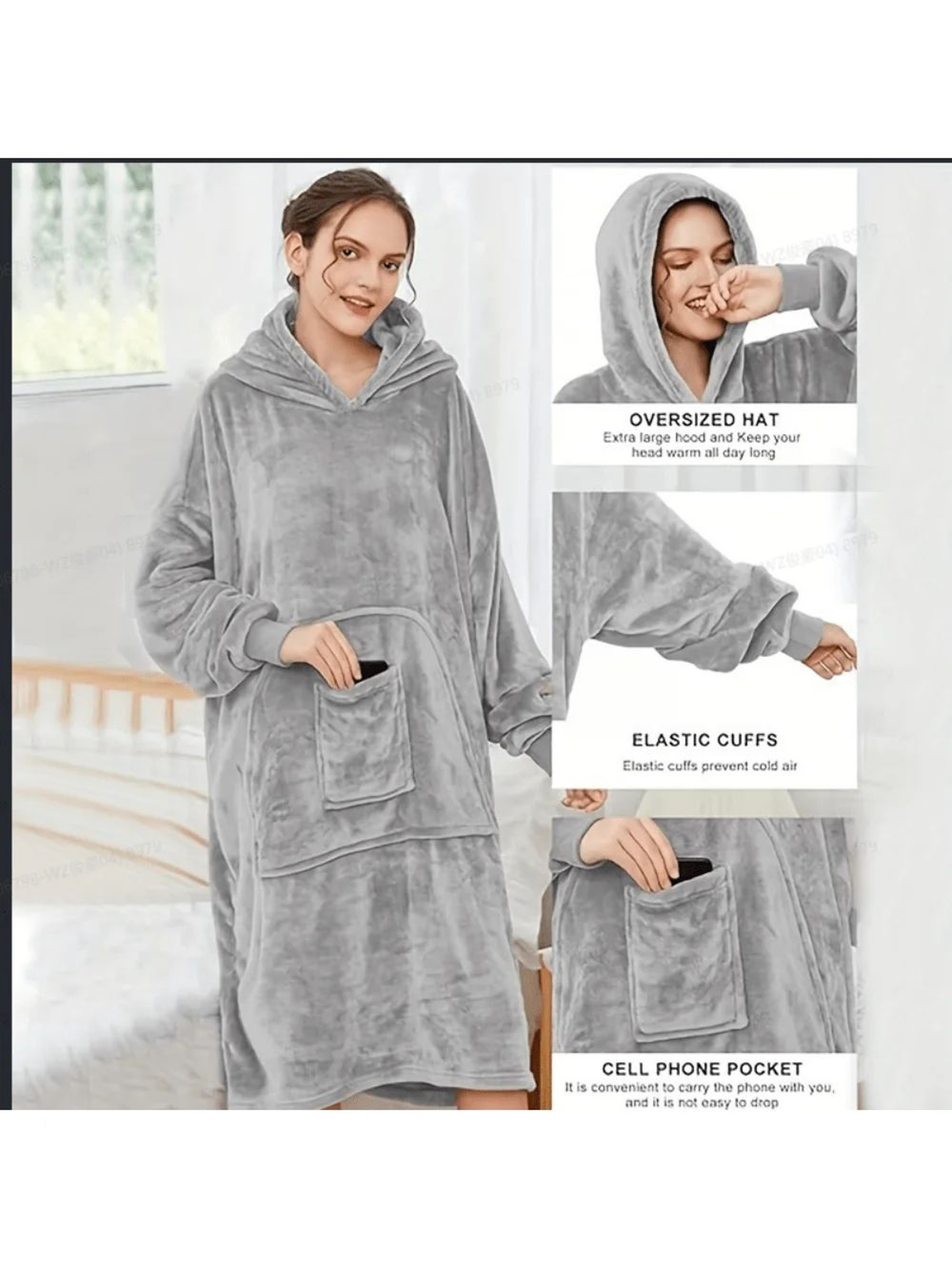 ExtraLong Flannel Wearable Blanket Hoodie With Sleeves And Pockets  57 Inch 0