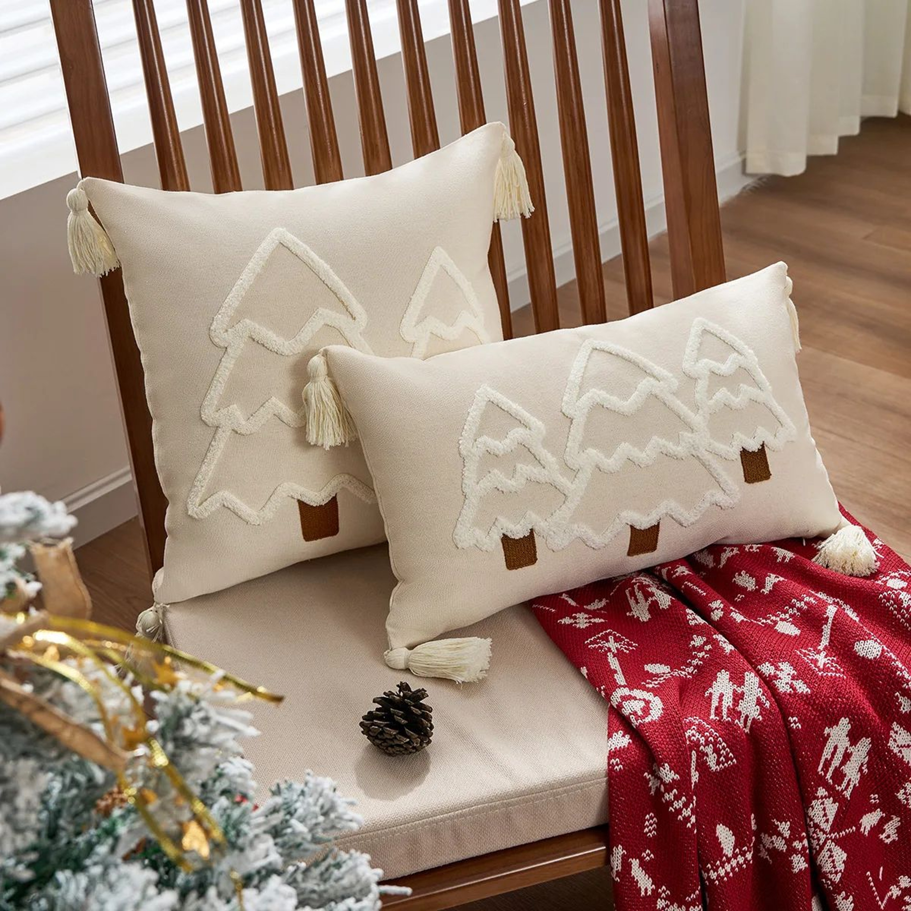 Tufted Christmas Tree Pillow Cover With Tassels For Cozy Holiday Decor 2