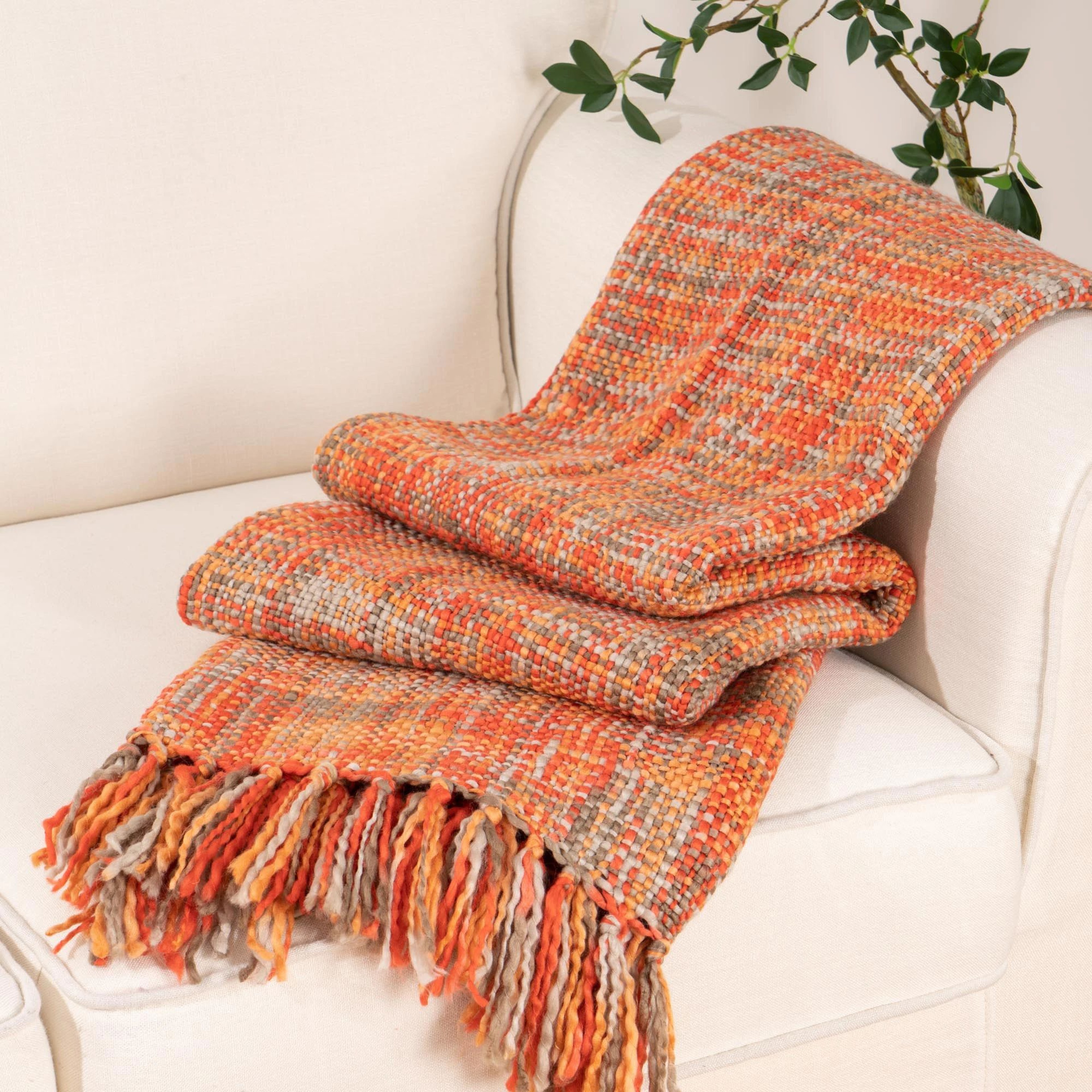 Orange Boho Cable Knit Throw Blanket With Tassels For Couch And Bed 1