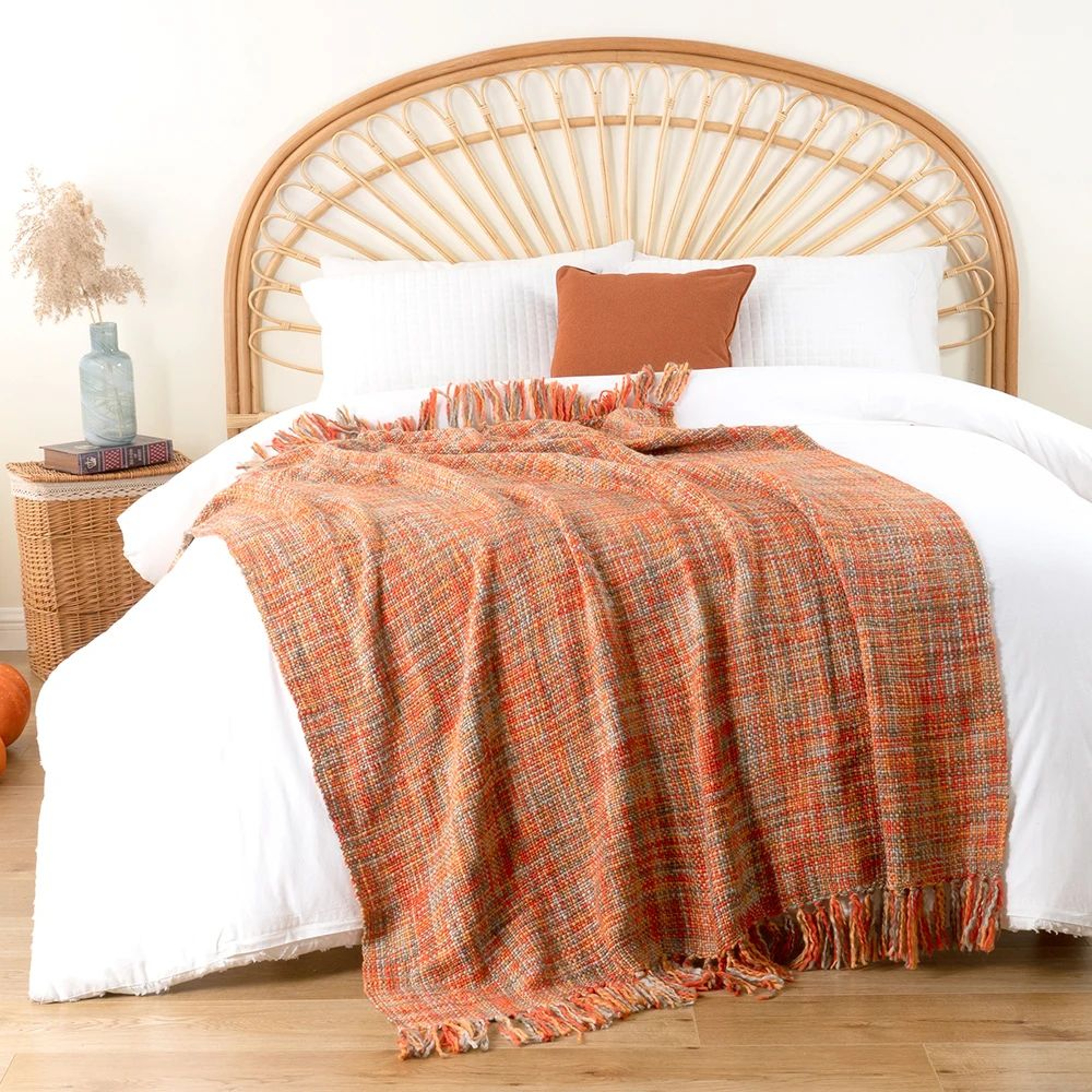 Orange Boho Cable Knit Throw Blanket With Tassels For Couch And Bed 3
