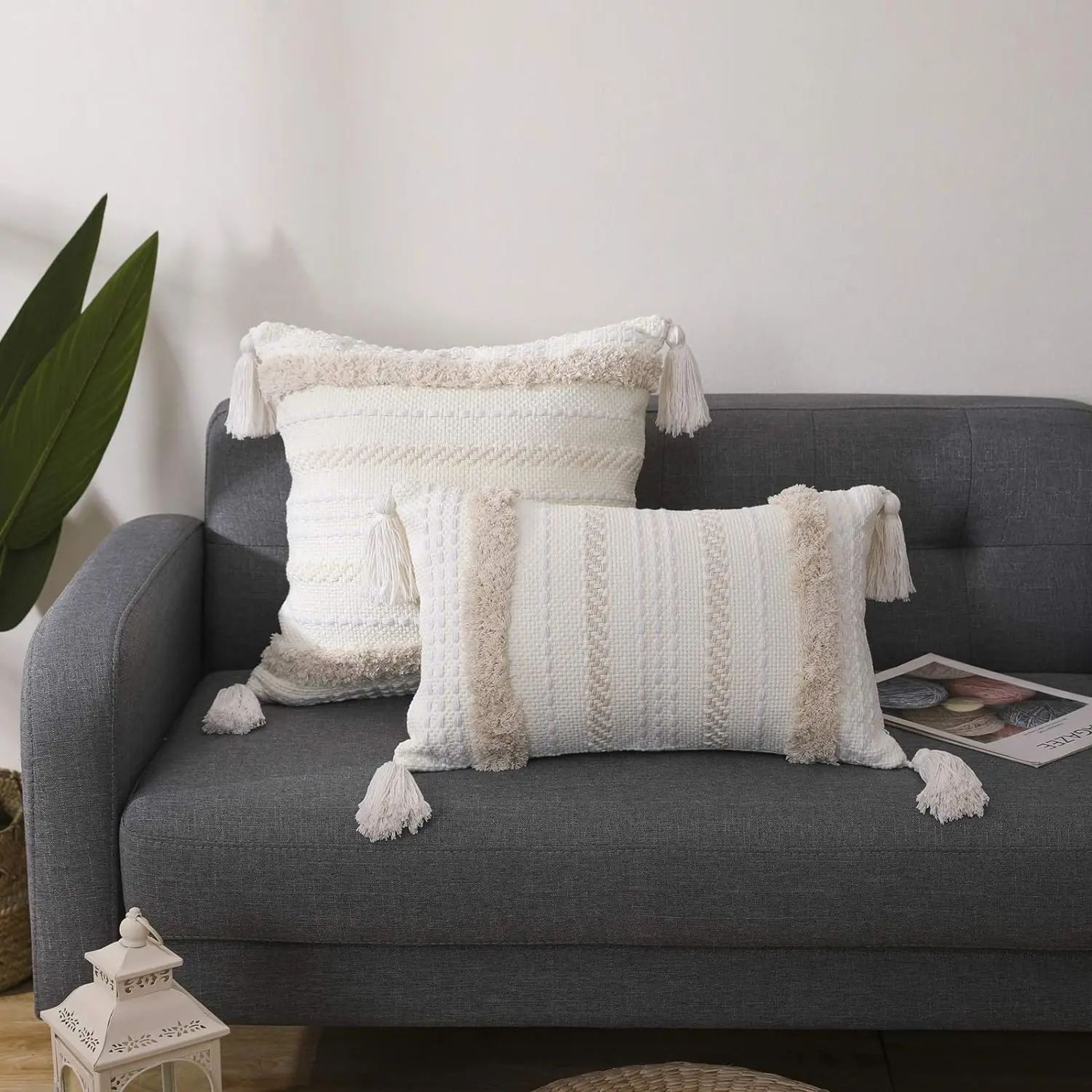Boho Tufted Throw Pillow Cover With Tassels Neutral Woven Cushion Cover 2