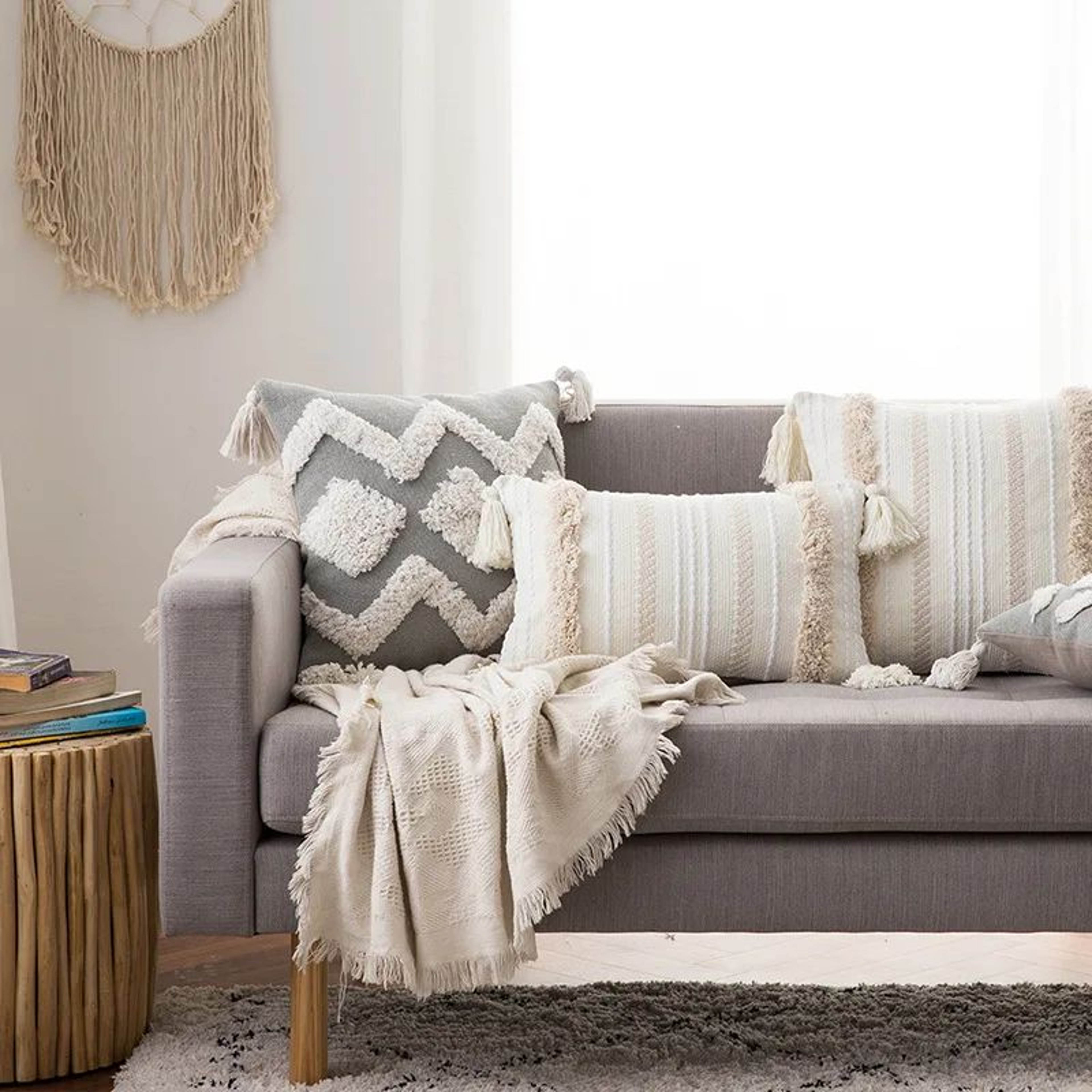 Boho Tufted Throw Pillow Cover With Tassels Neutral Woven Cushion Cover 4