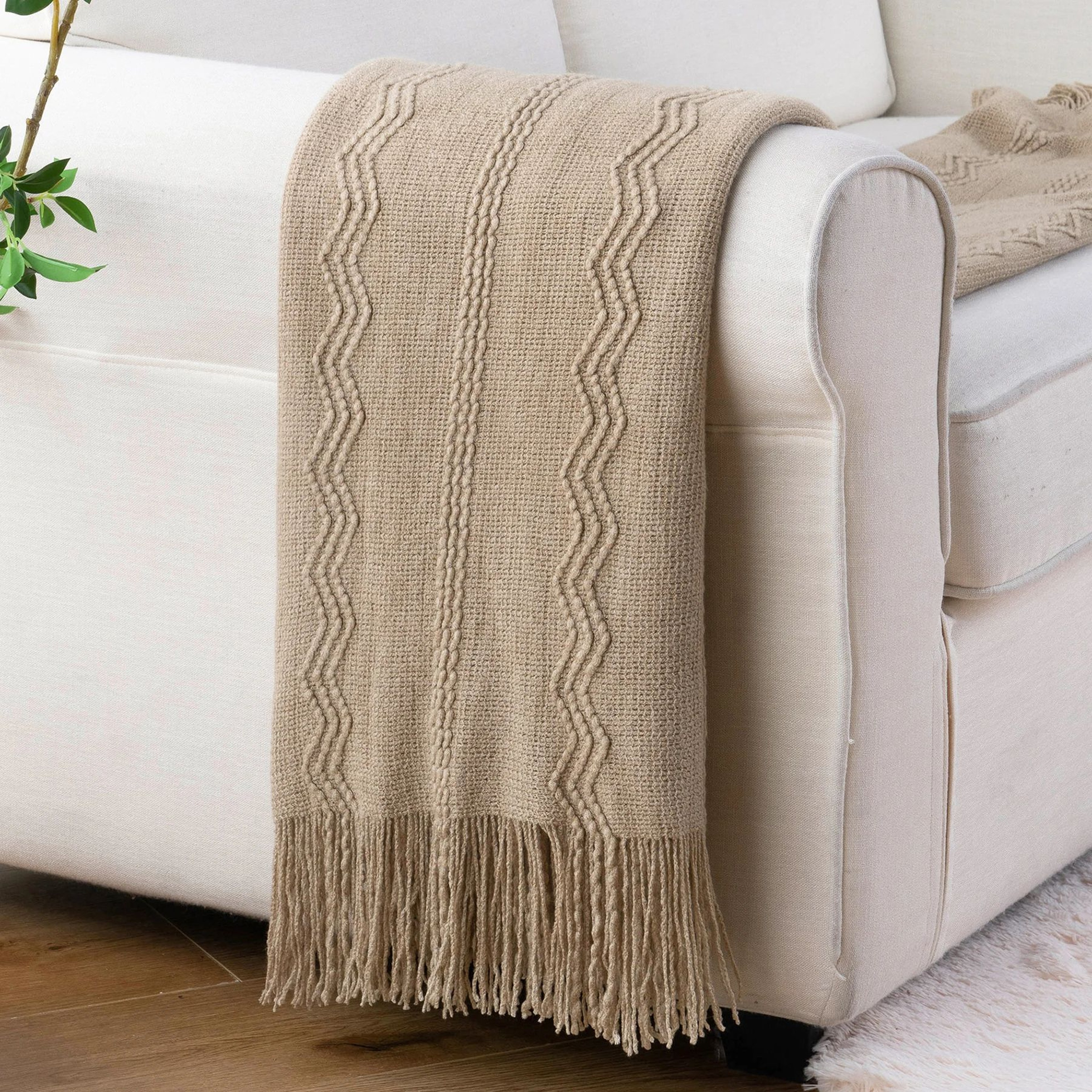 Caramel Geometric Knit Throw Blanket With Fringe For Couch And Bed 7