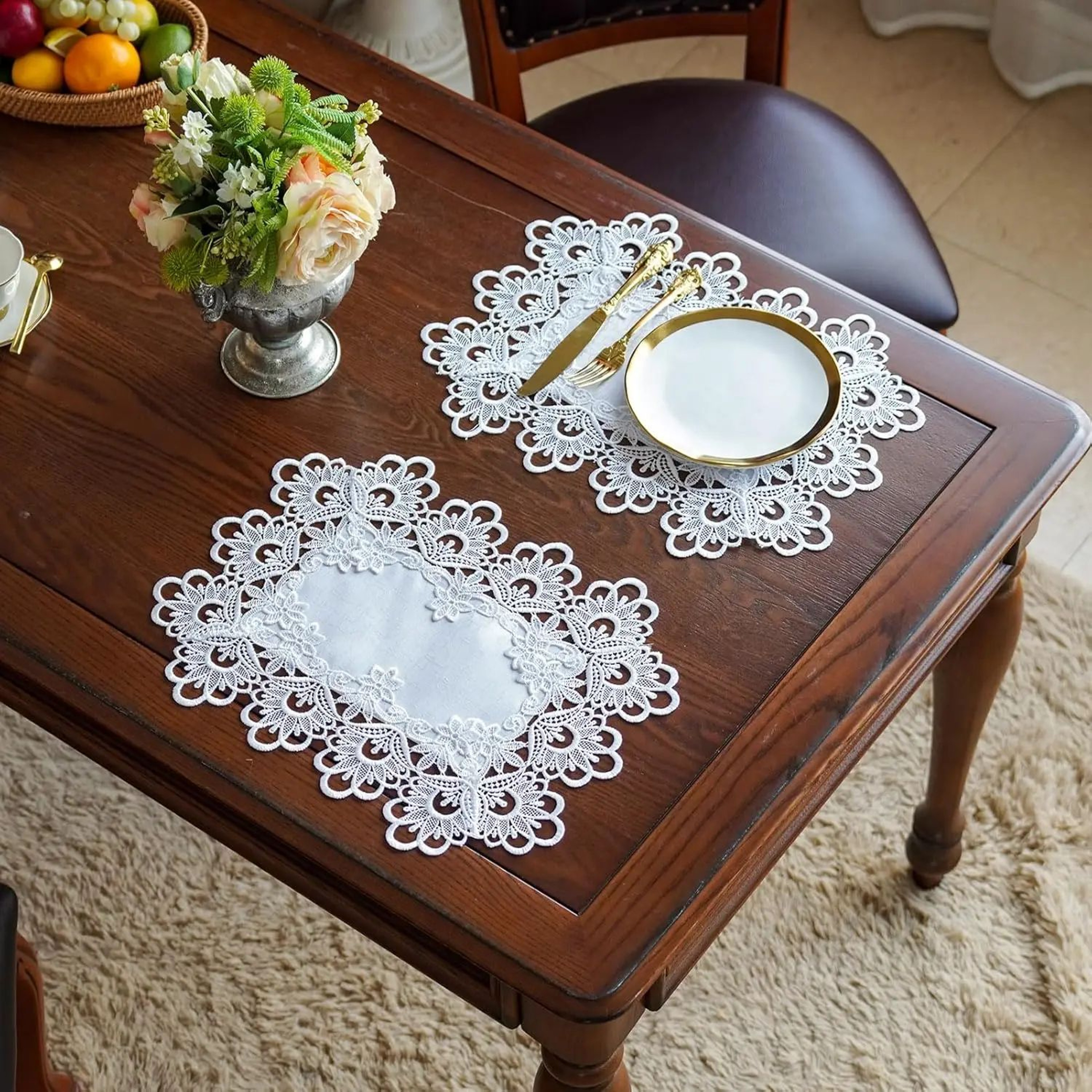 White Embroidered Lace Placemats Set Of 2  Elegant Rectangle Dining Table Mats 1