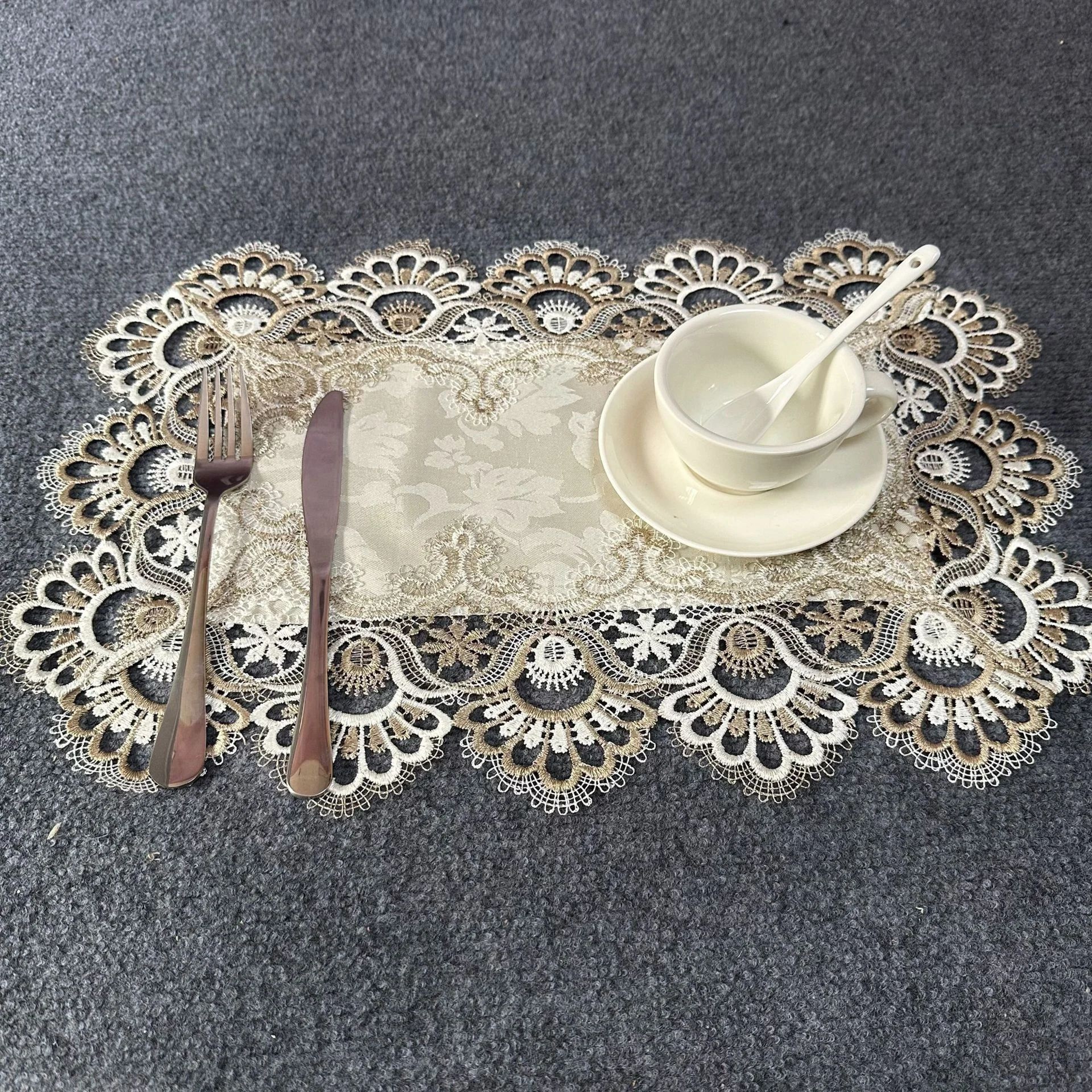 White Embroidered Lace Placemats Set Of 2  Elegant Rectangle Dining Table Mats 5