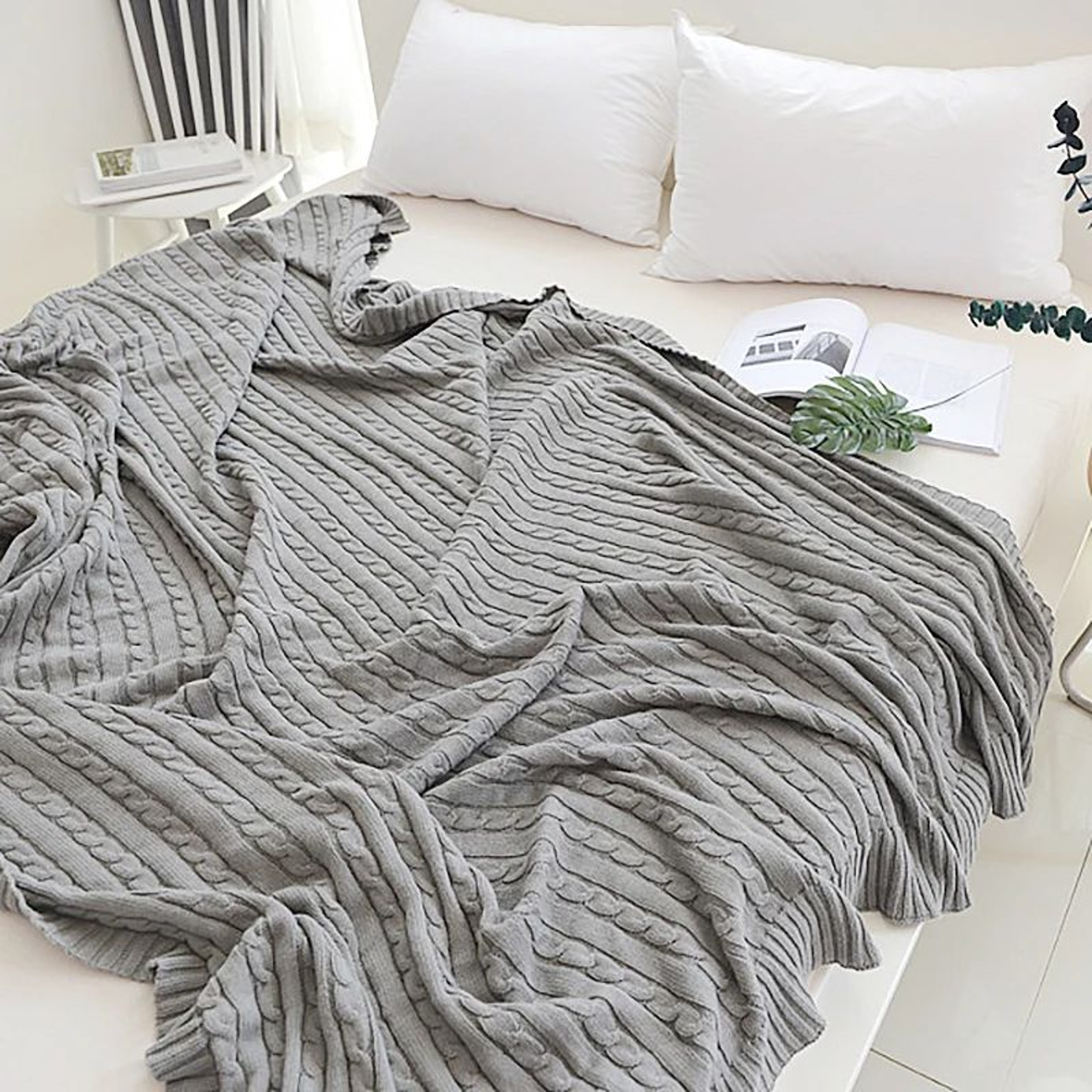Cotton Cable Knit Throw Blanket Soft Cozy Decorative Bed And Sofa Blanket 5