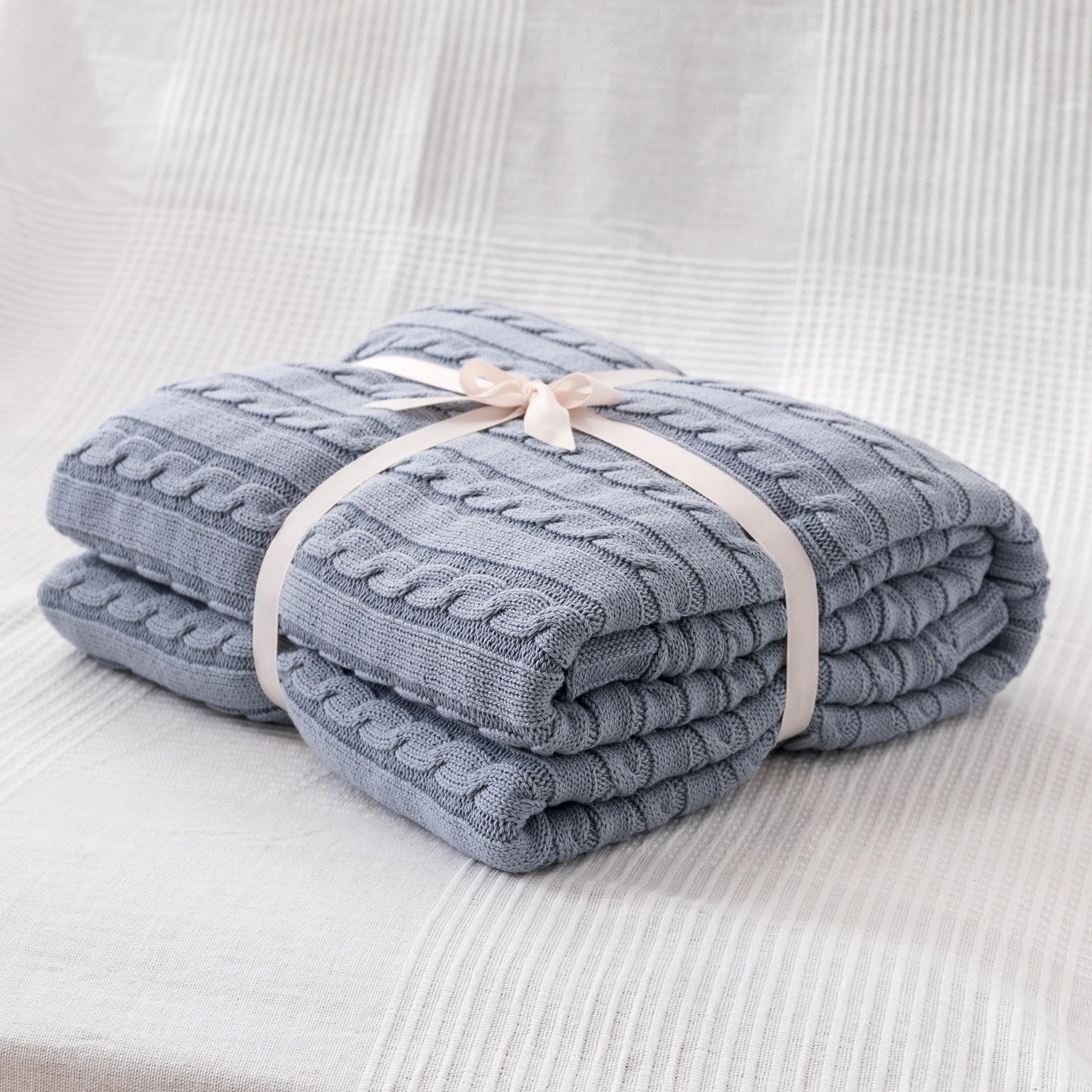 Cotton Cable Knit Throw Blanket Soft Cozy Decorative Bed And Sofa Blanket 7