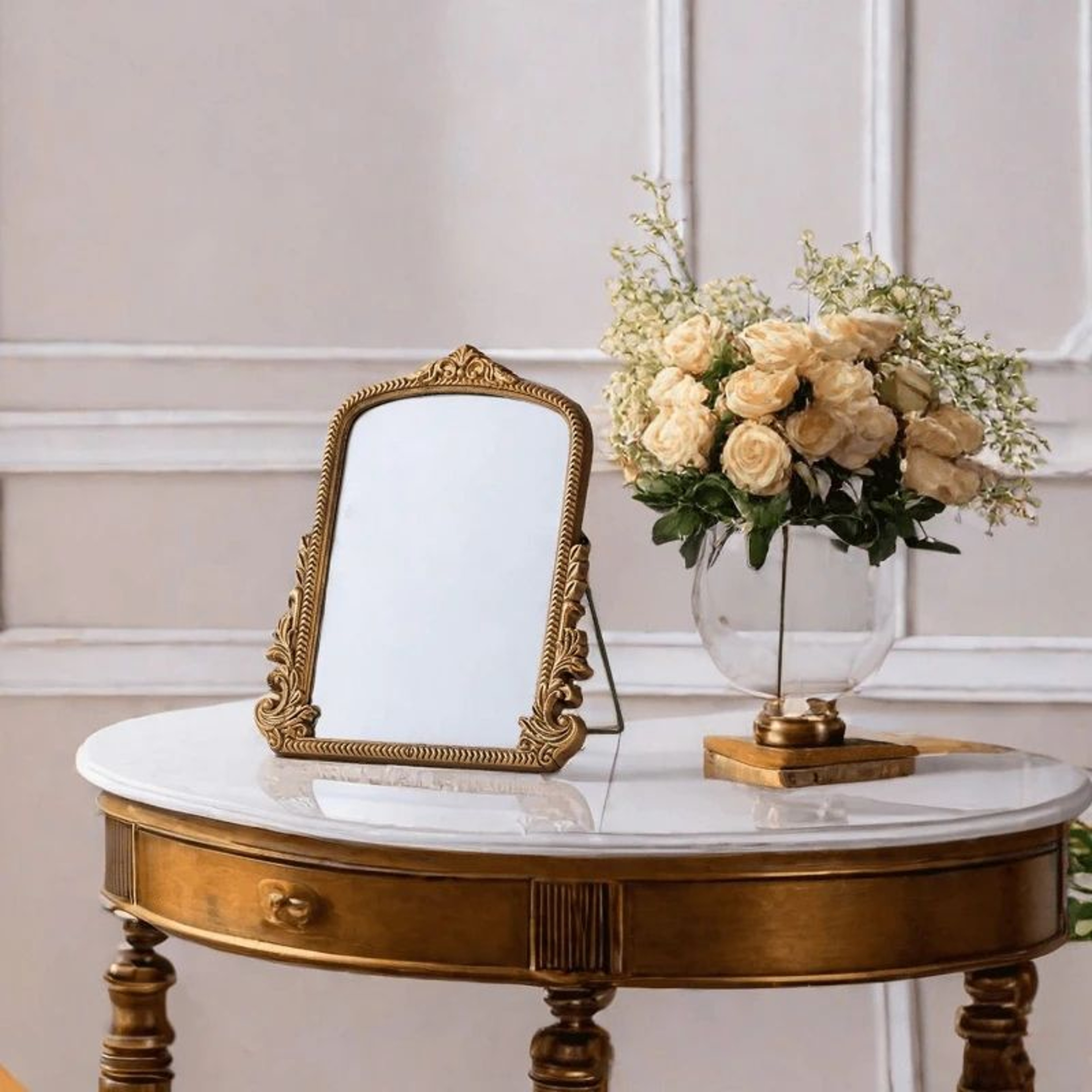 French Baroque Gold Arched Wall Mirror With Ornate Wooden Frame 1