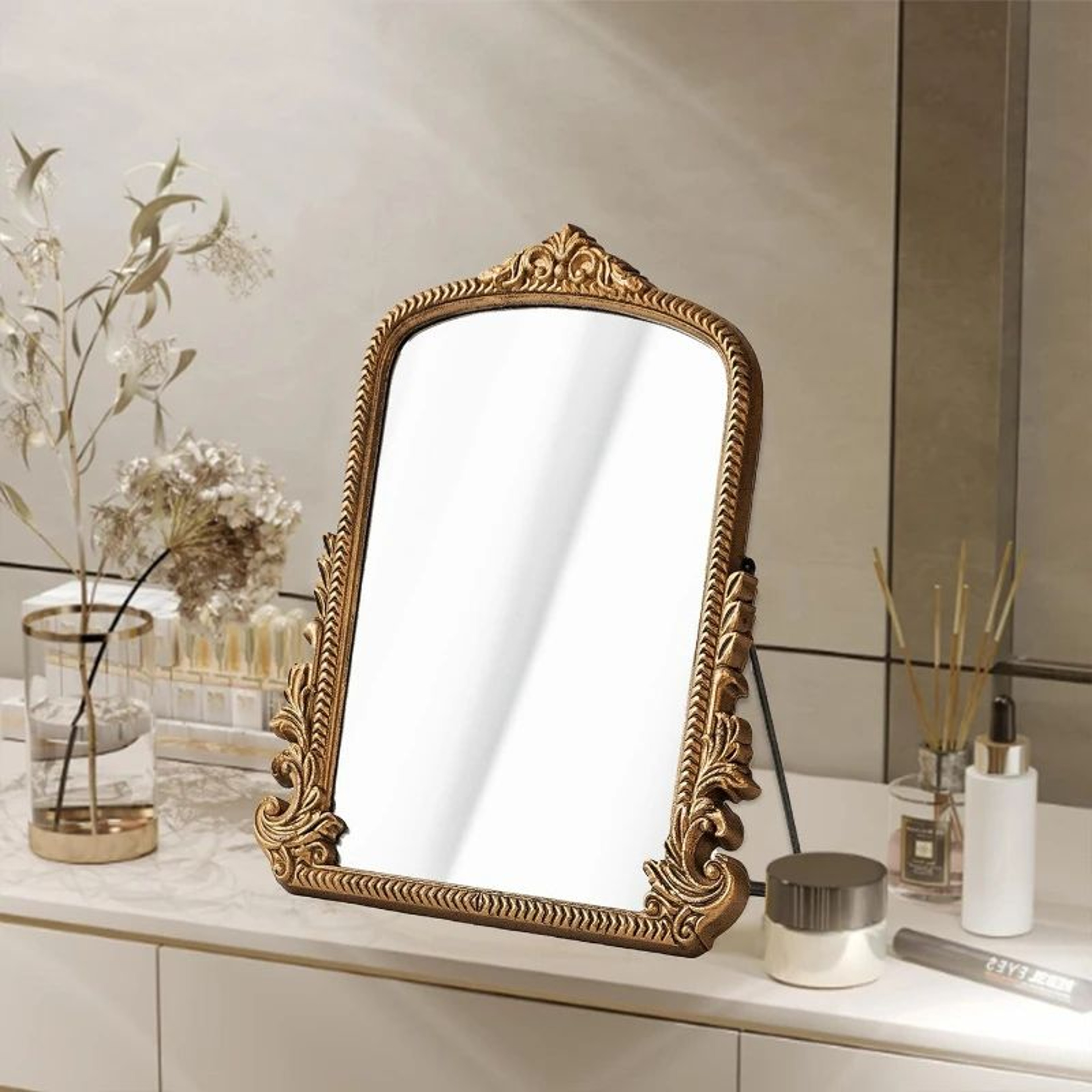 French Baroque Gold Arched Wall Mirror With Ornate Wooden Frame 4