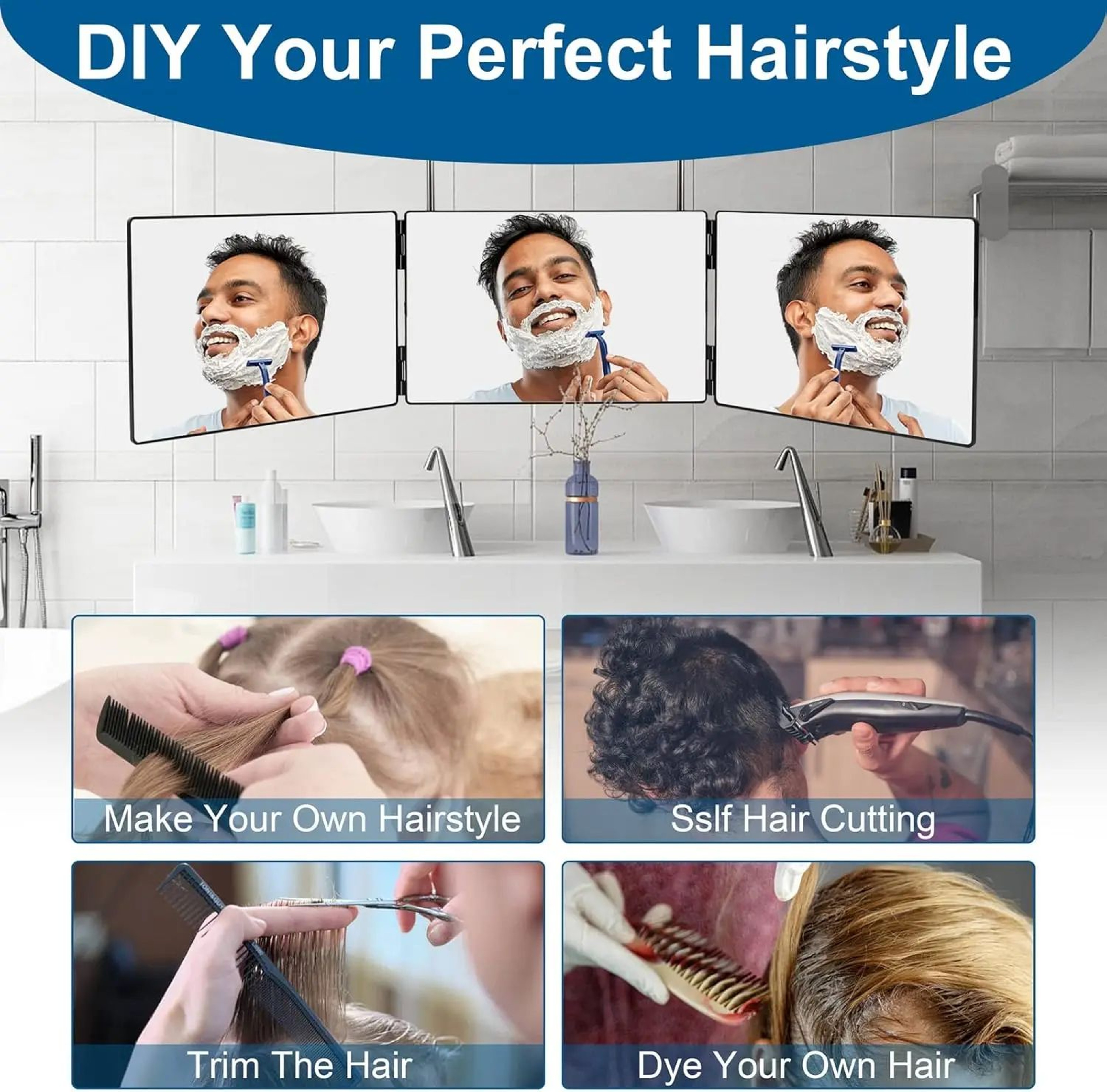 360 View 3 Way Self Haircut Mirror With Adjustable Telescoping Hooks 1