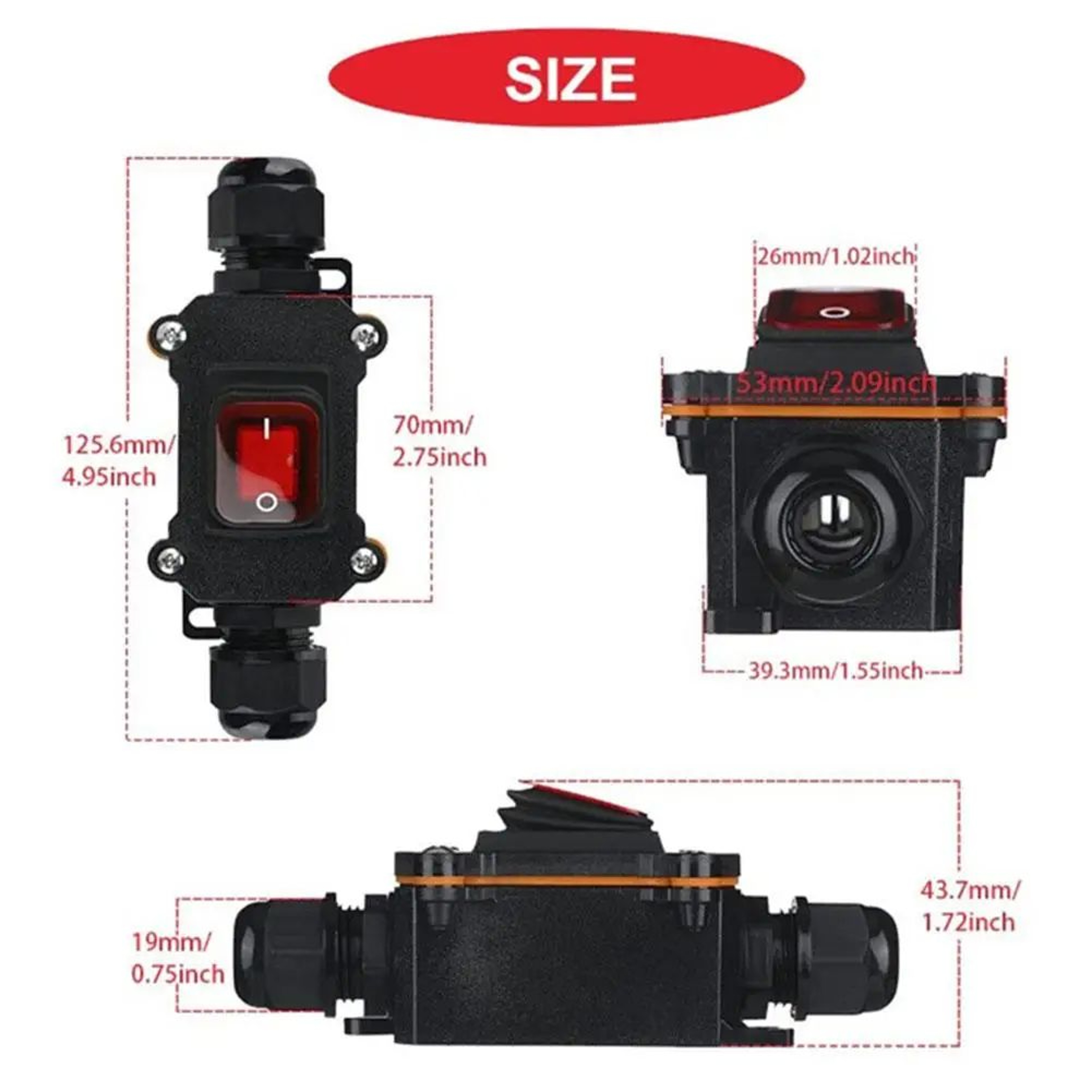 20A Waterproof Inline Rocker Switch IP67 For 12V24V DC And 110V220V AC 4