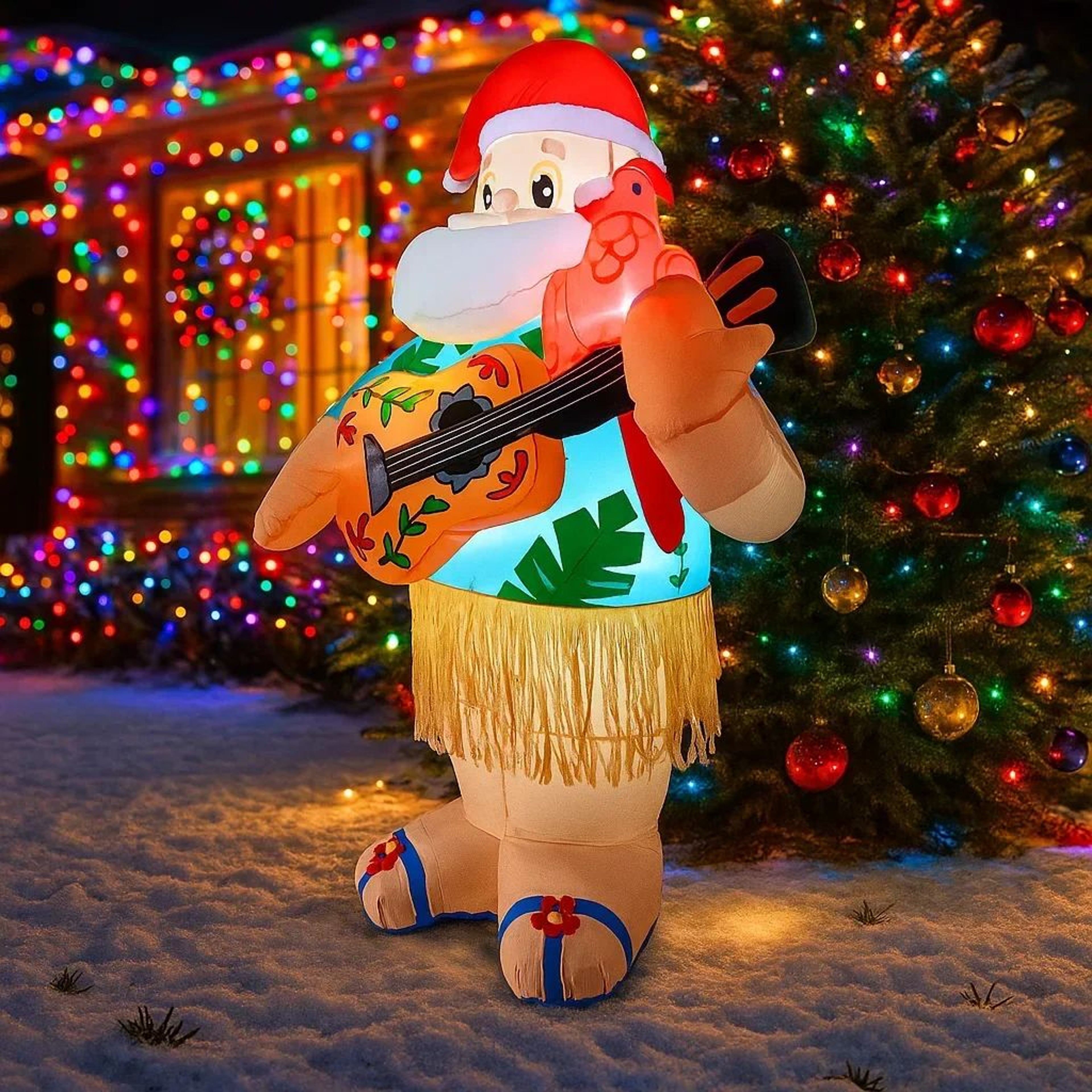 6FT LED Inflatable Hawaiian Santa With Guitar Yard Decoration 5