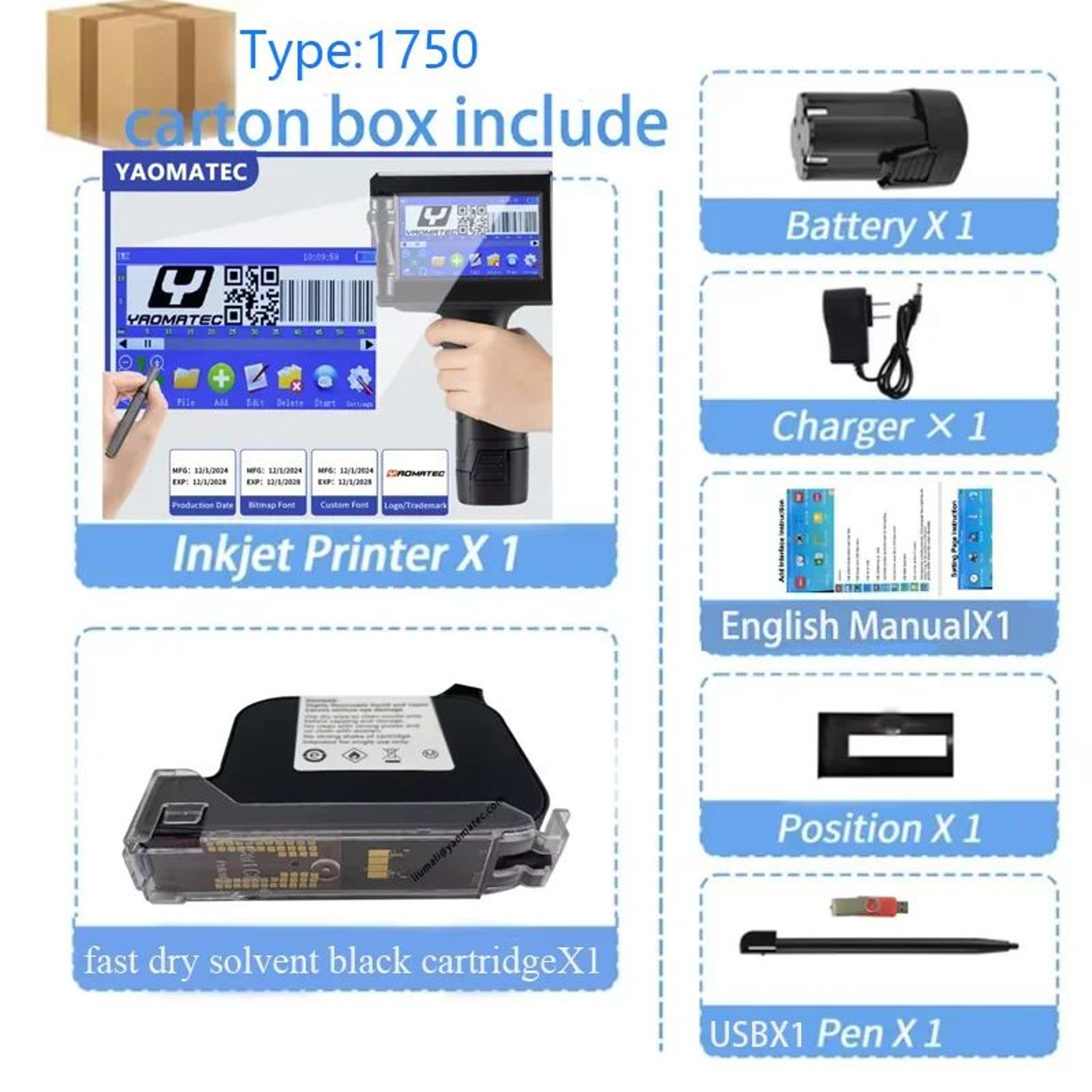 S7 Y7 Portable Handheld Inkjet Printer 127mm QR Code Date And Batch Coding Machine 6