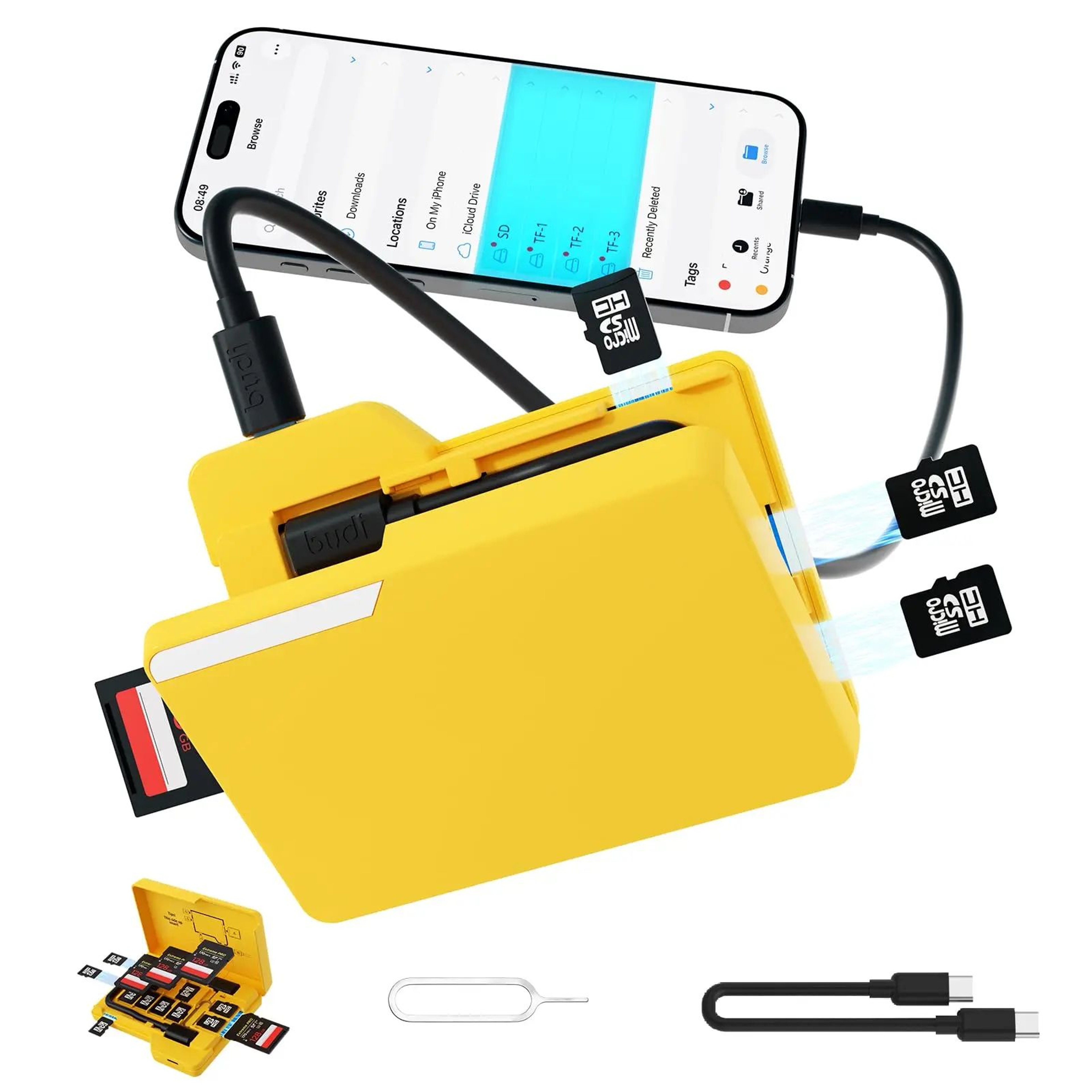 4Card Simultaneous SD Memory Card Reader With 15Slot Storage Case And USB TypeC 0