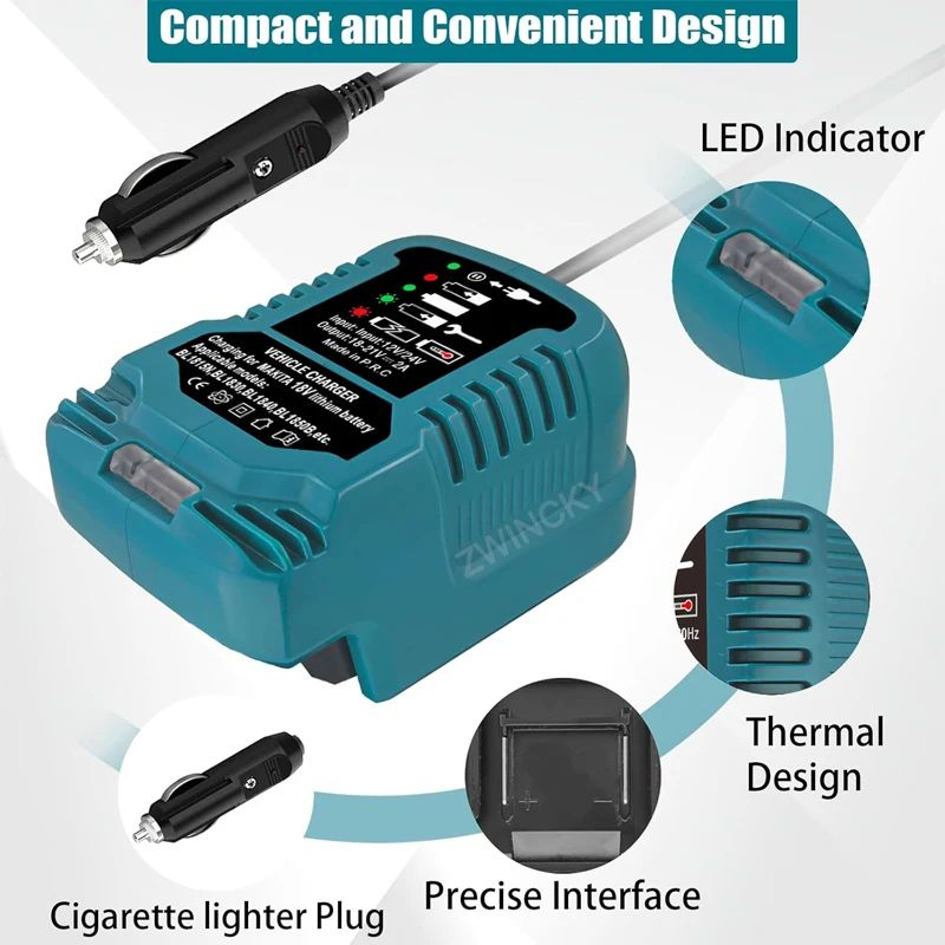 Portable 18V Battery Car Charger With Cigarette Lighter Plug And LED Indicator 5