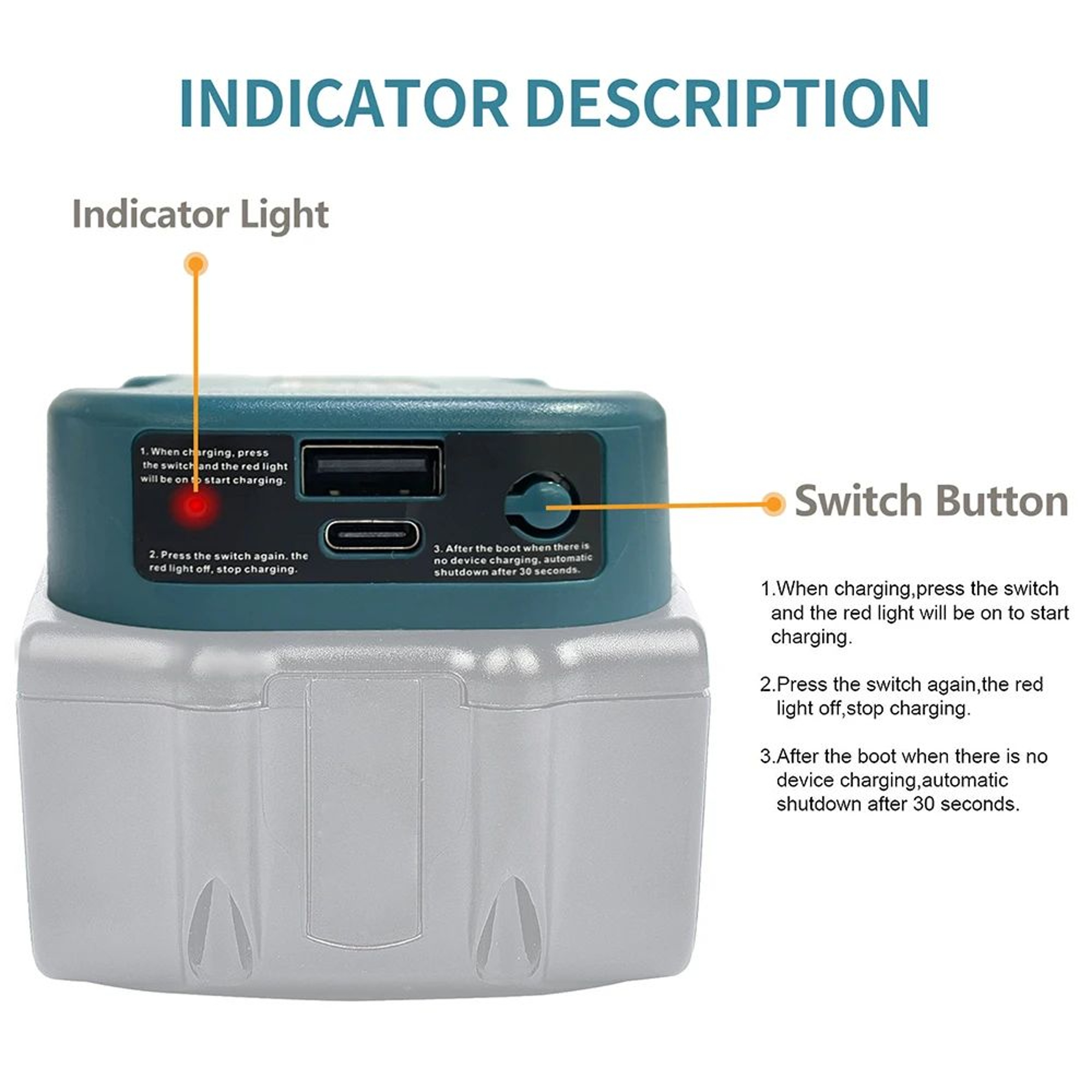 18V Battery USB Charger Adapter With TypeC Port For Portable Device Charging 3