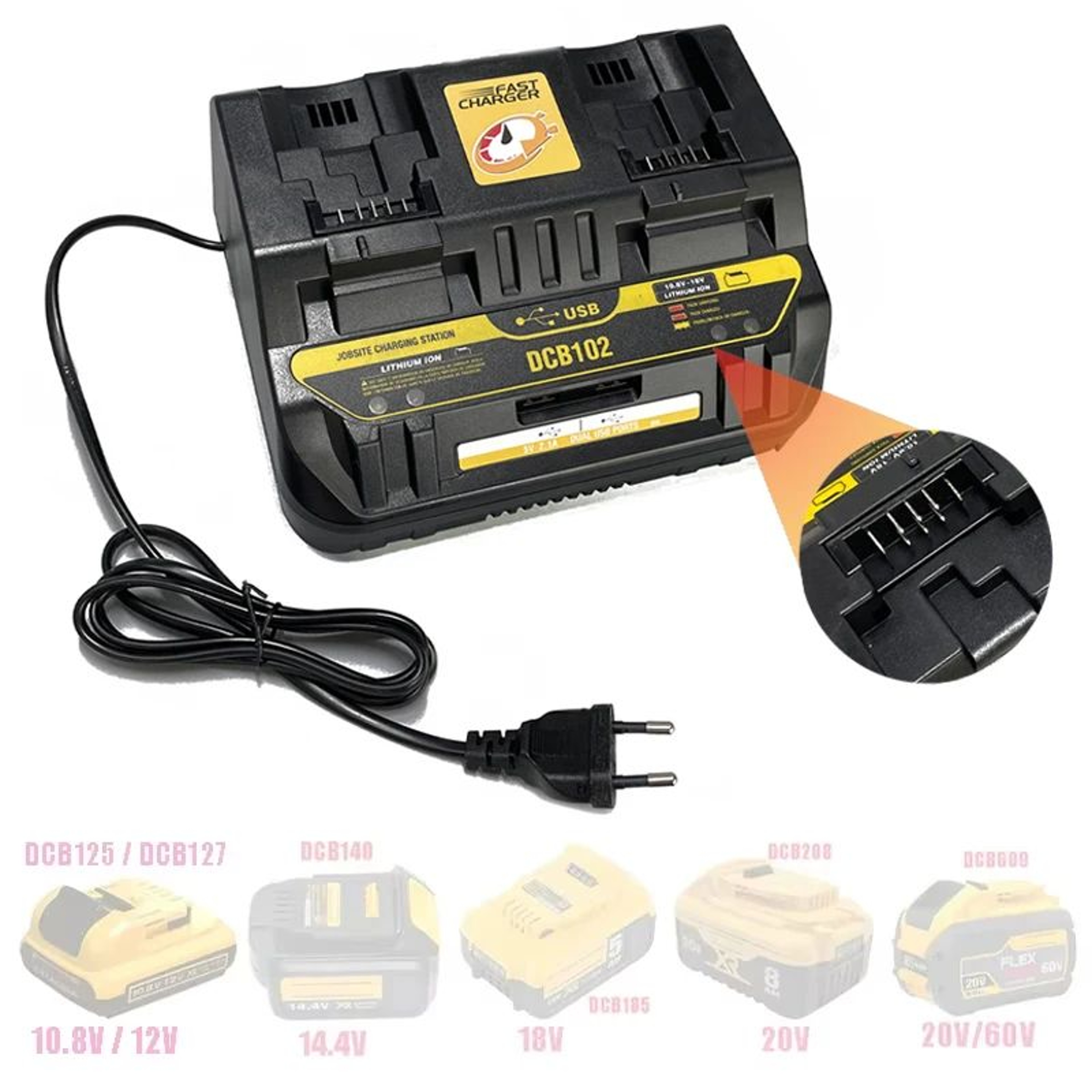 DCB102 12V20V Dual Port Fast Battery Charger With USB Charging Port 0
