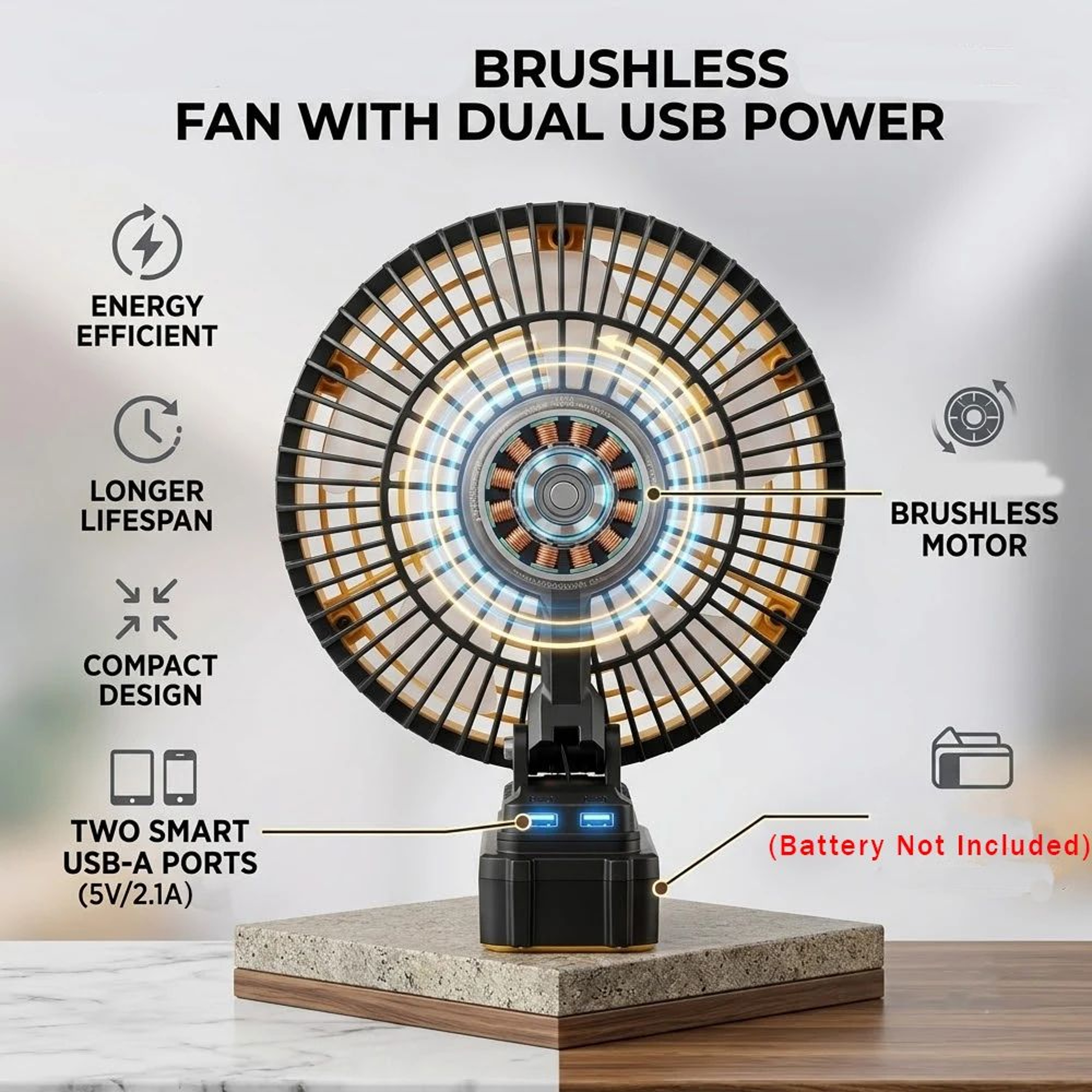8 Inch Brushless Cordless Camping Fan With Dual USB Ports For 18V Battery 3