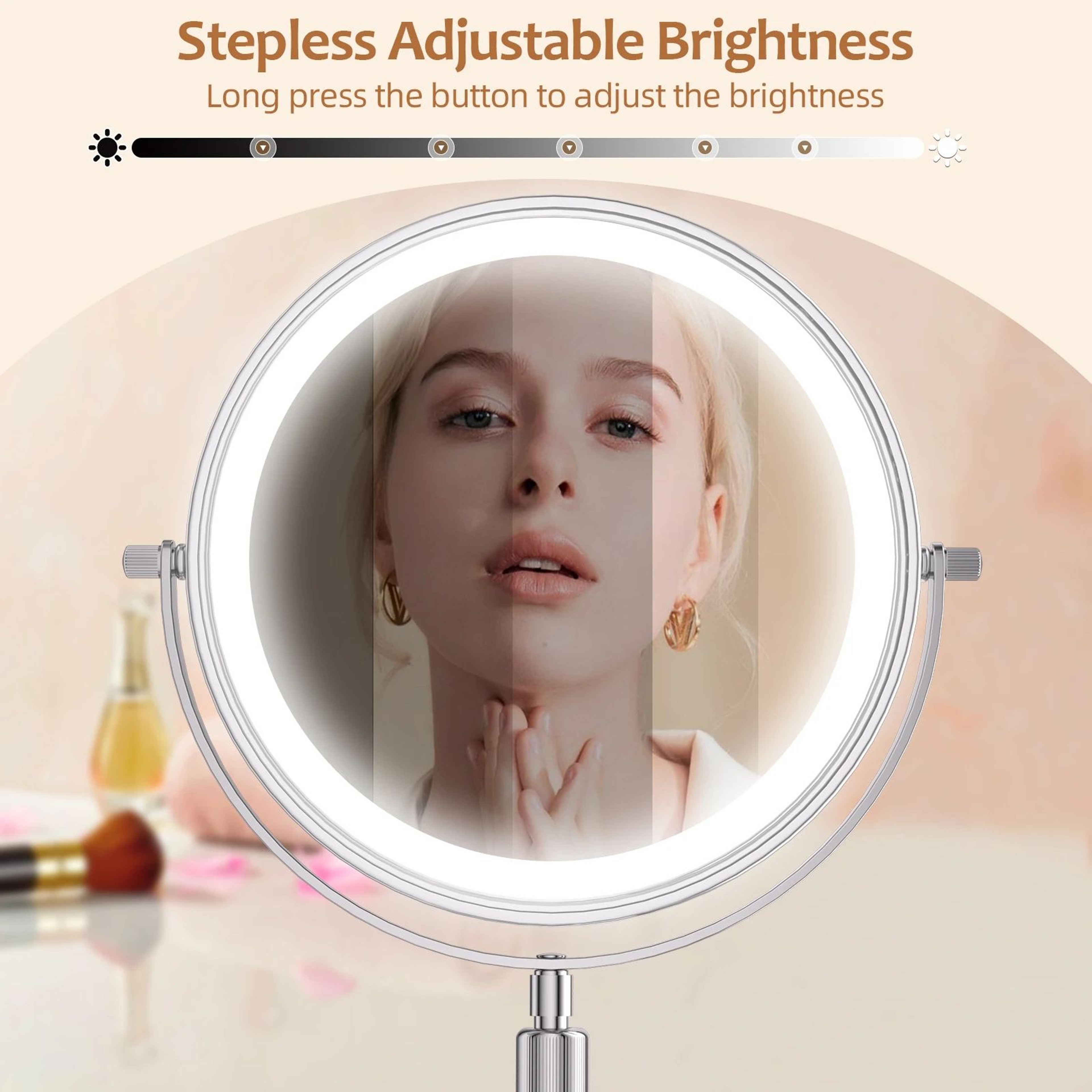 8 Inch Double Sided LED Makeup Mirror With 10X Magnification 3 Color Lights And Adjustable Height 3