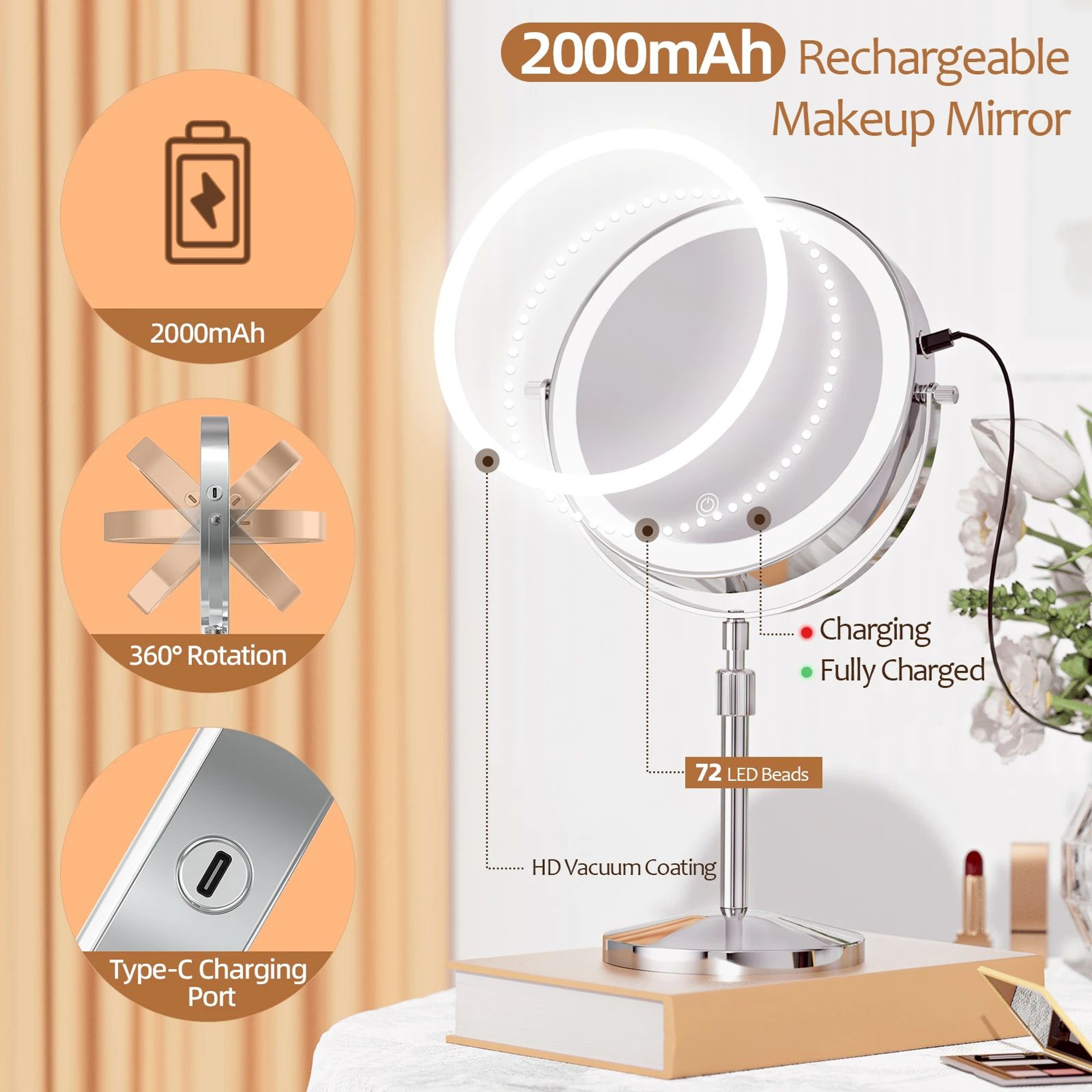 8 Inch Double Sided LED Makeup Mirror With 10X Magnification 3 Color Lights And Adjustable Height 0