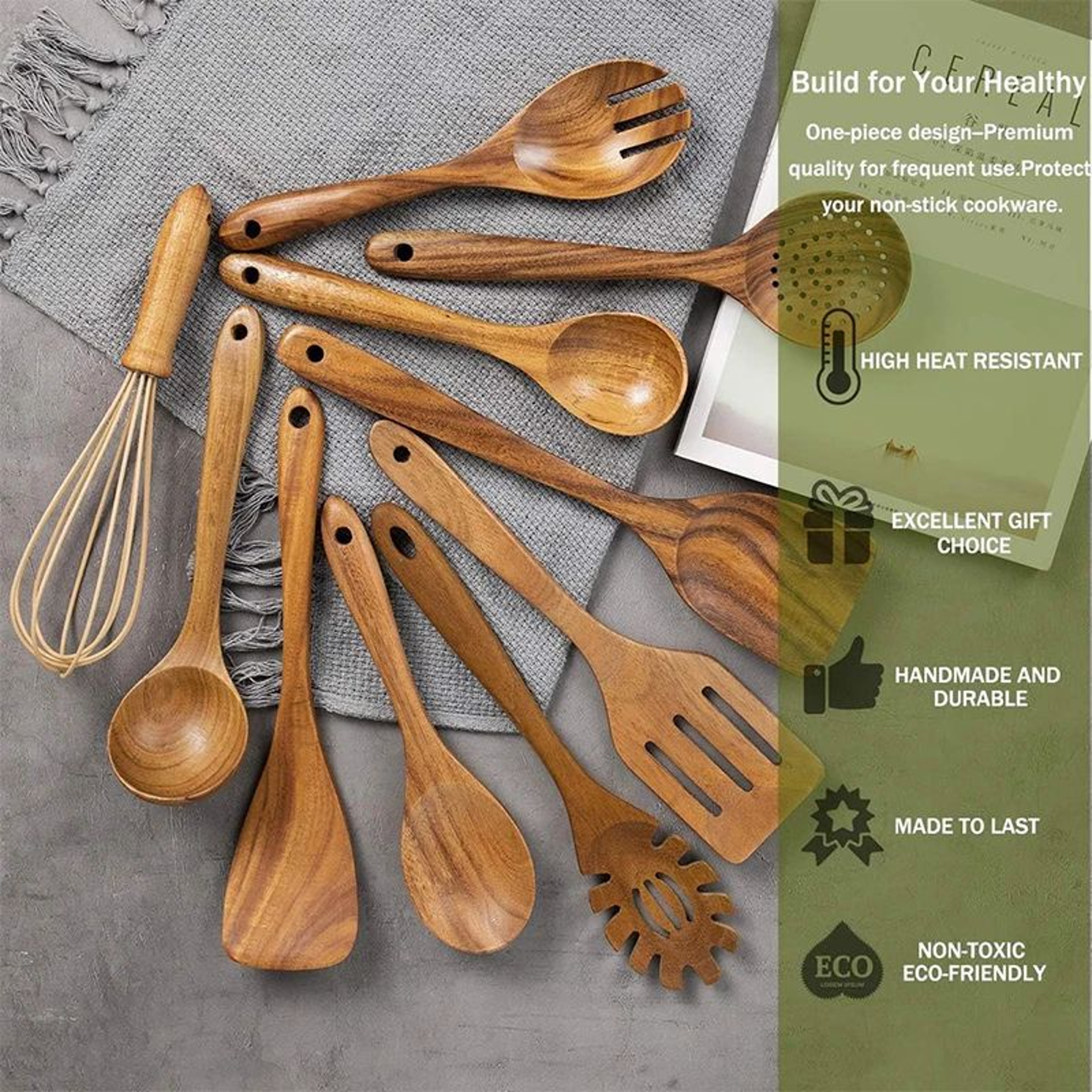 10 Piece Natural Teak Wooden Kitchen Utensil Set With Spoons And Spatulas 4