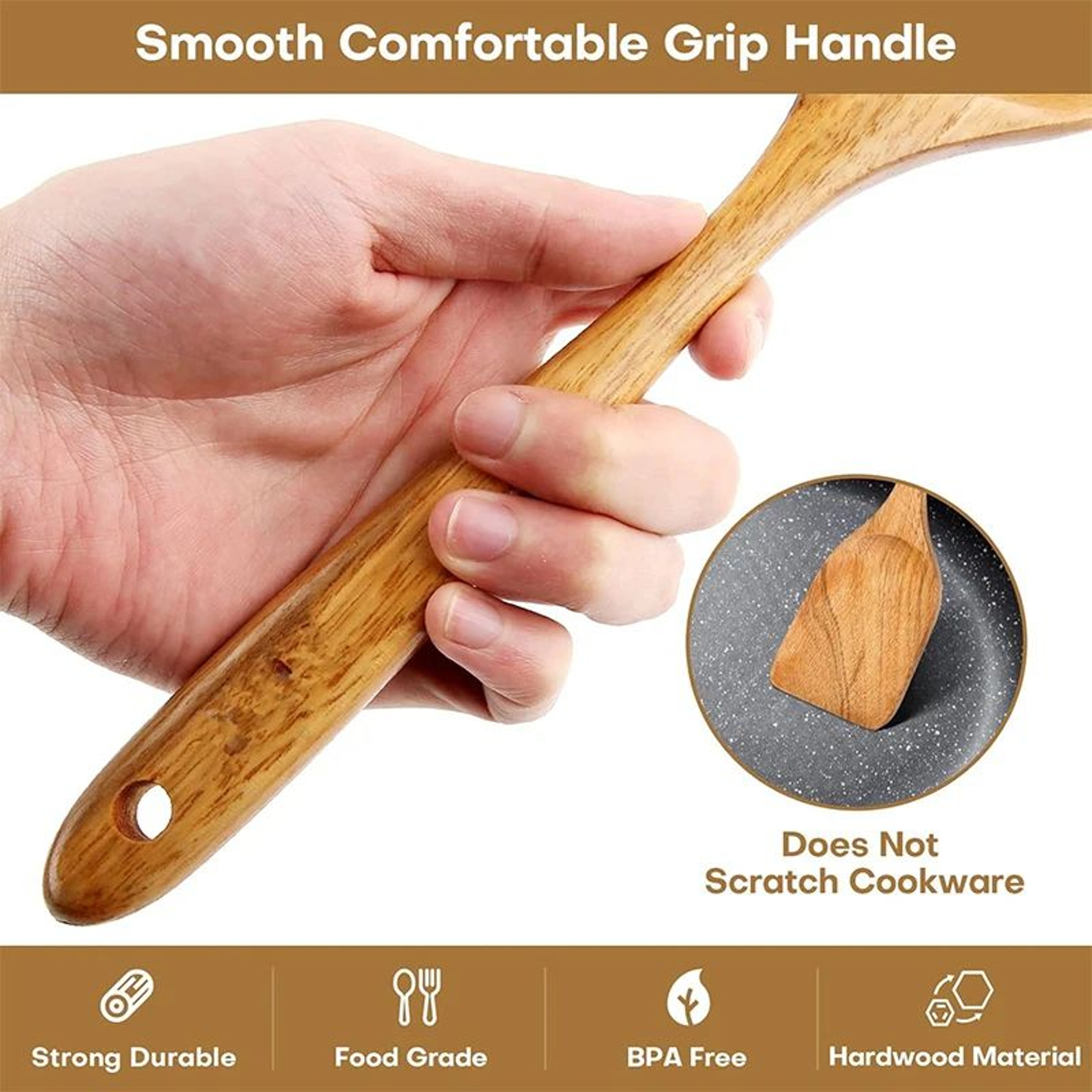 10 Piece Natural Teak Wooden Kitchen Utensil Set With Spoons And Spatulas 3