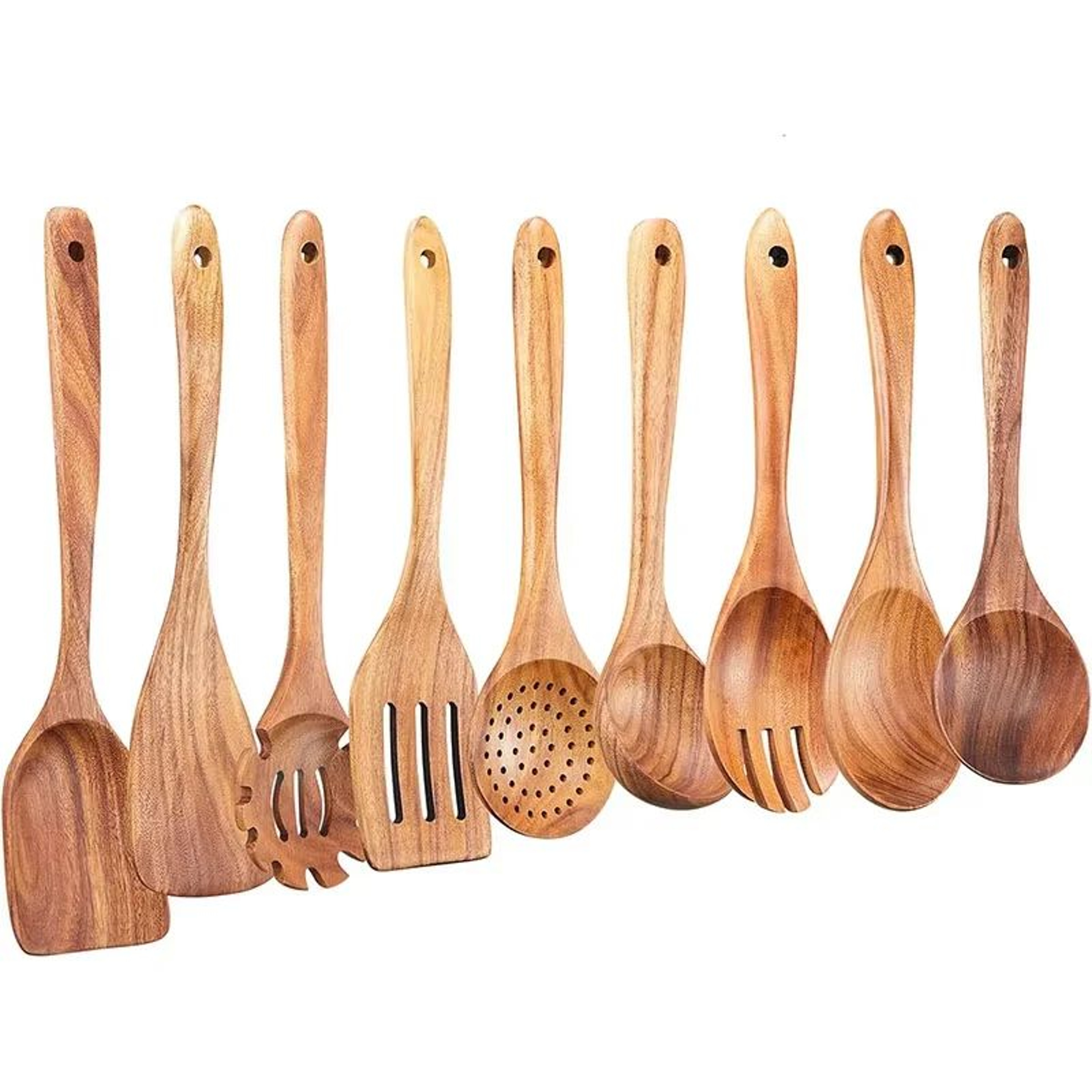 10 Piece Natural Teak Wooden Kitchen Utensil Set With Spoons And Spatulas 10