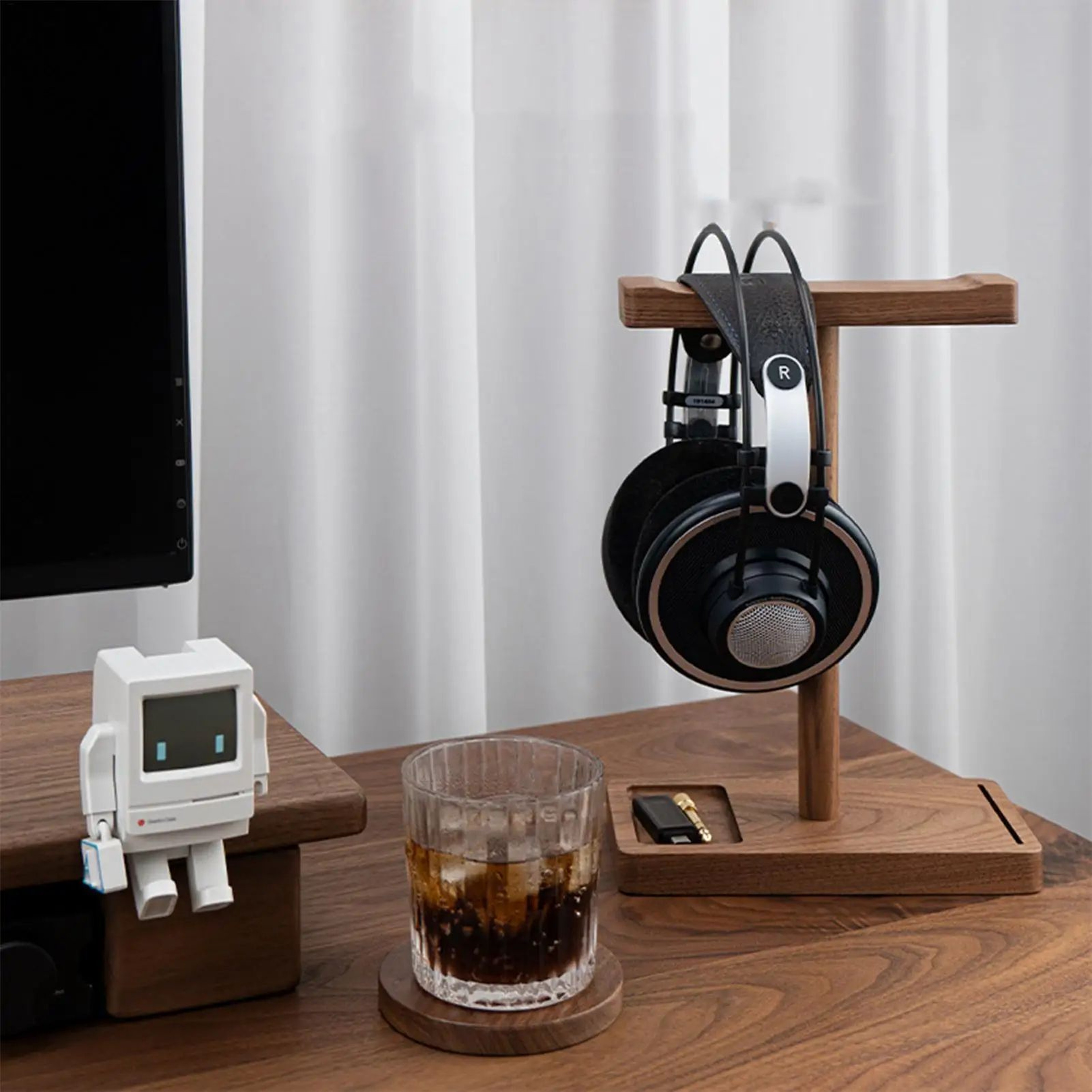 Walnut Wooden Headphone Stand Rustic Desktop Headset Holder 1