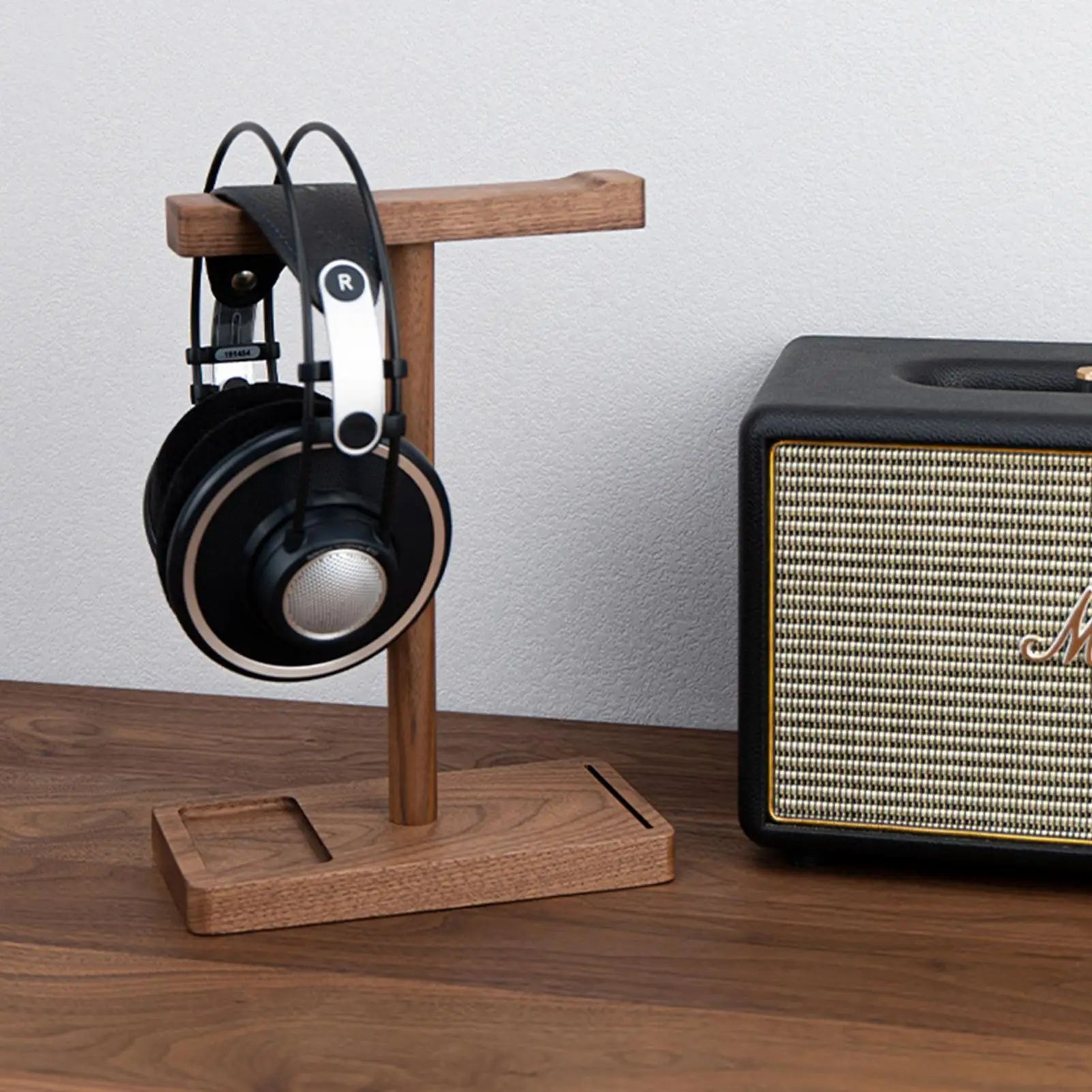 Walnut Wooden Headphone Stand Rustic Desktop Headset Holder 0