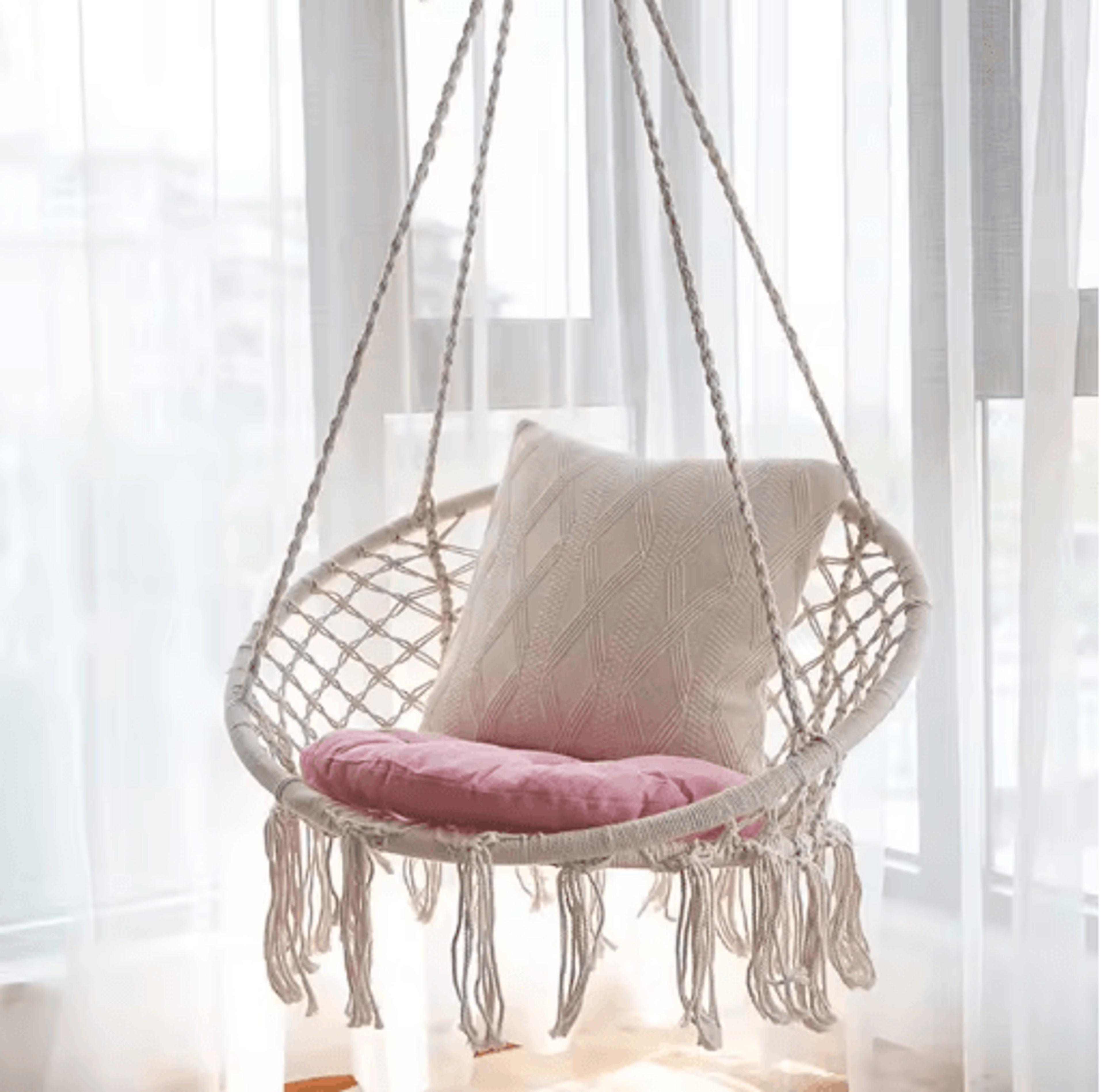 Hanging Cotton Rope Swing Chair With Cushion Indoor Hammock Chair With Hardware Kit 2