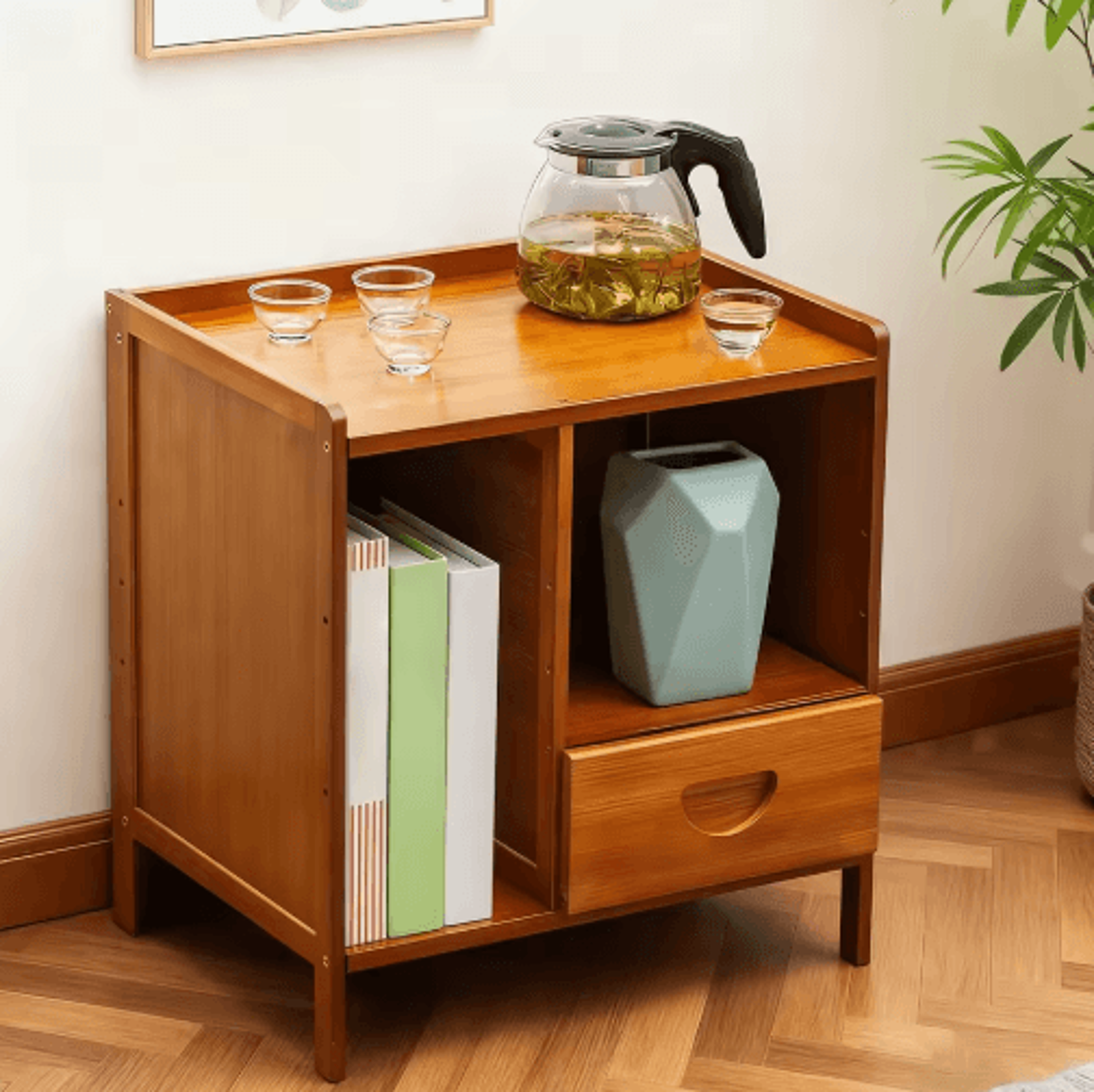 Bamboo Nightstand Storage Cabinet Space Saving Drawer And Shelf Organizer 6