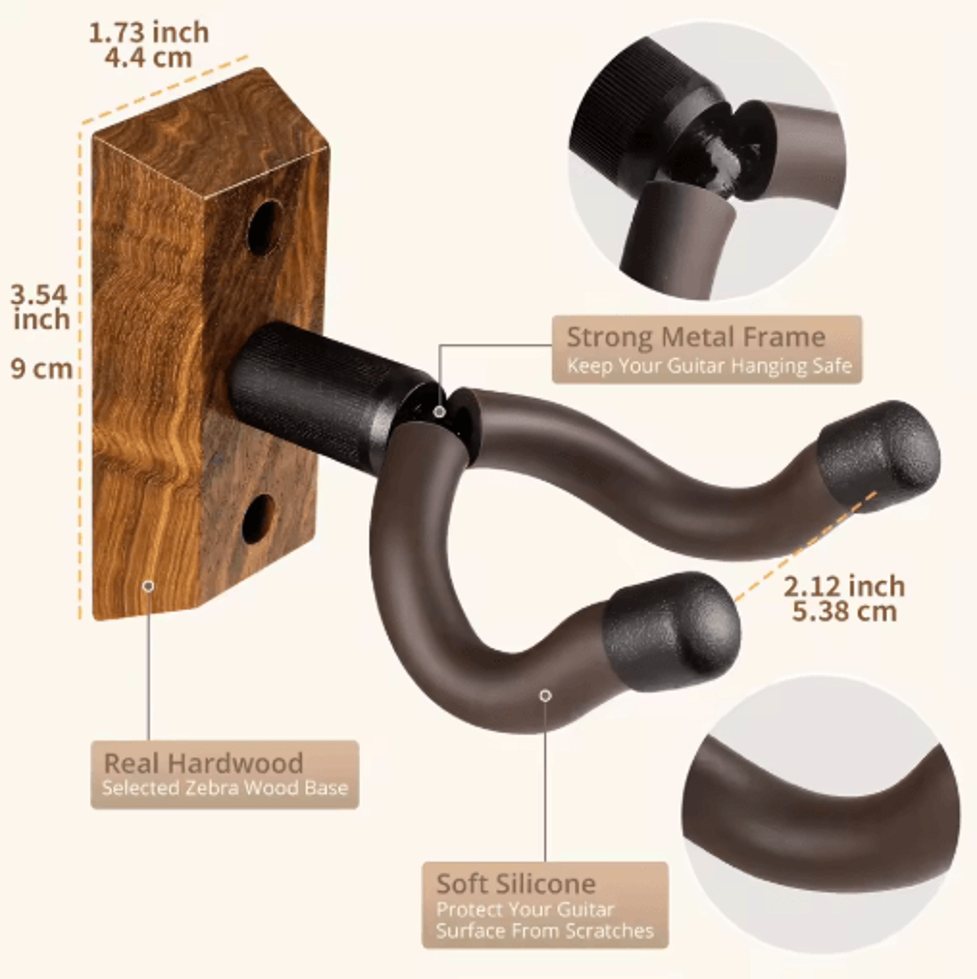 Zebra Wood Guitar Wall Mount Rotating Hook Guitar Hanger For All Guitar Sizes 5