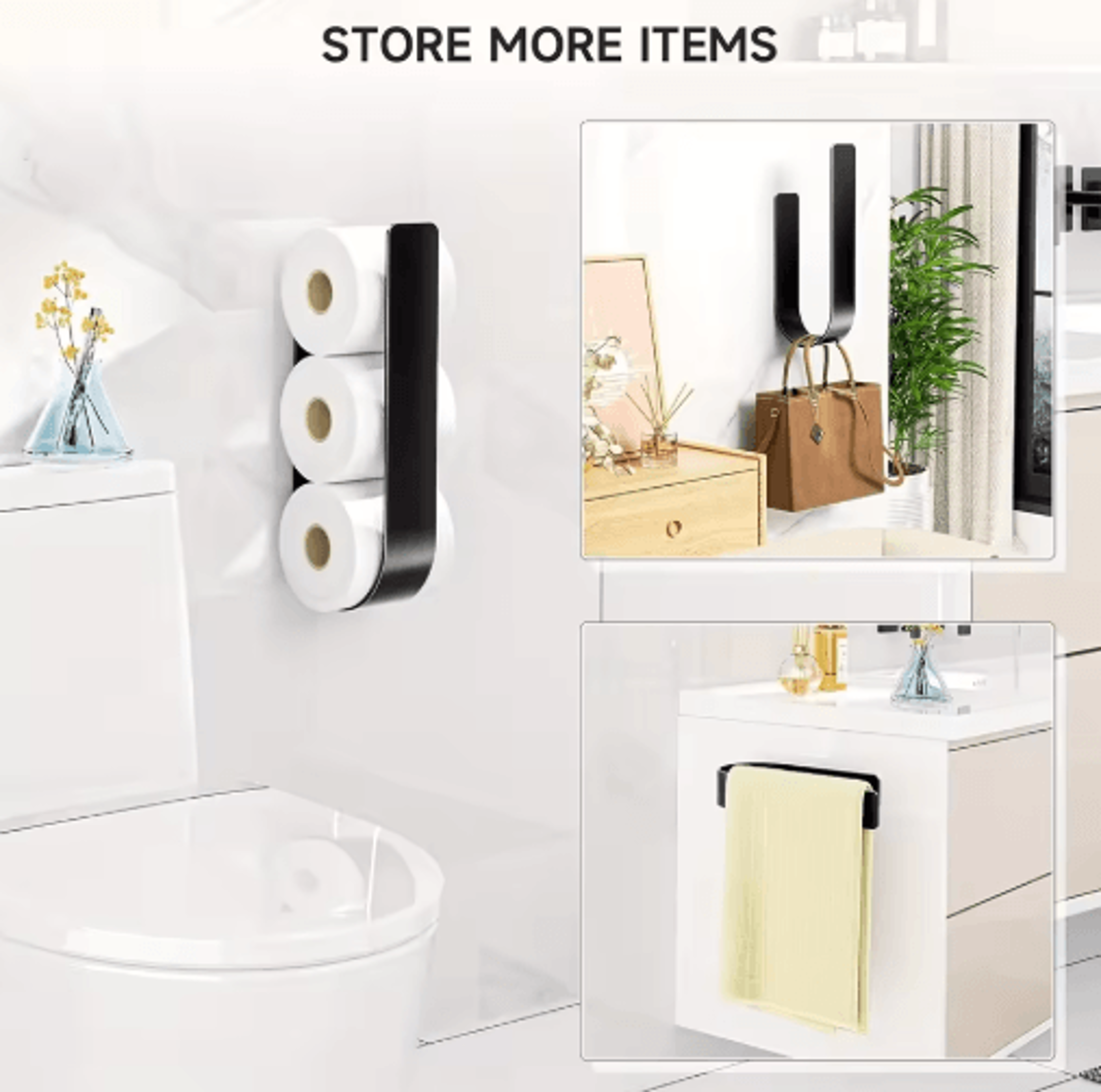 3 In 1 Wall Mounted Toilet Paper Holder Black Metal Rack With Towel Bar And Hooks 4
