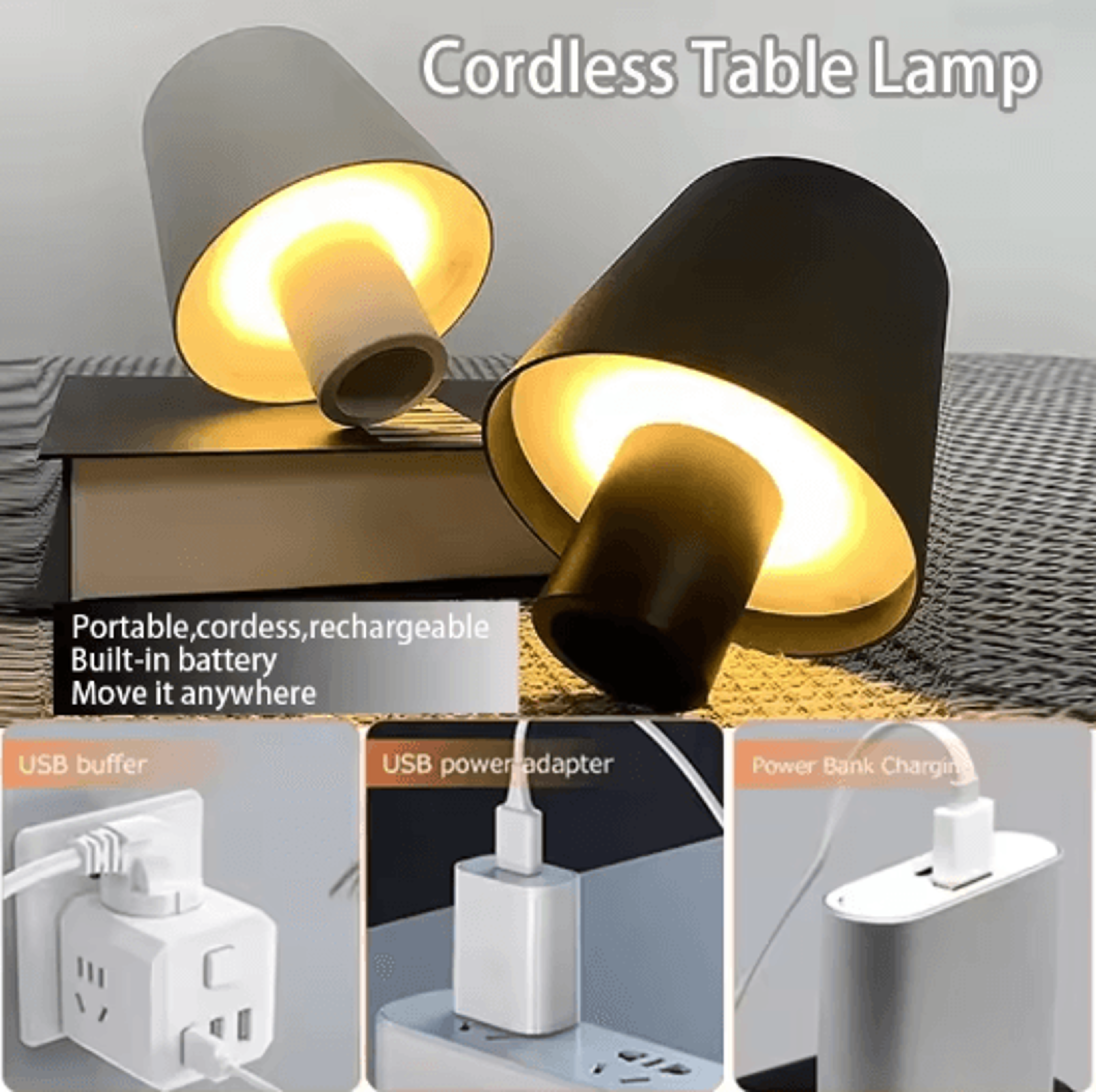 LED Cordless Table Lamp Portable Rechargeable Night Light With 3 Color Stepless Dimming 12