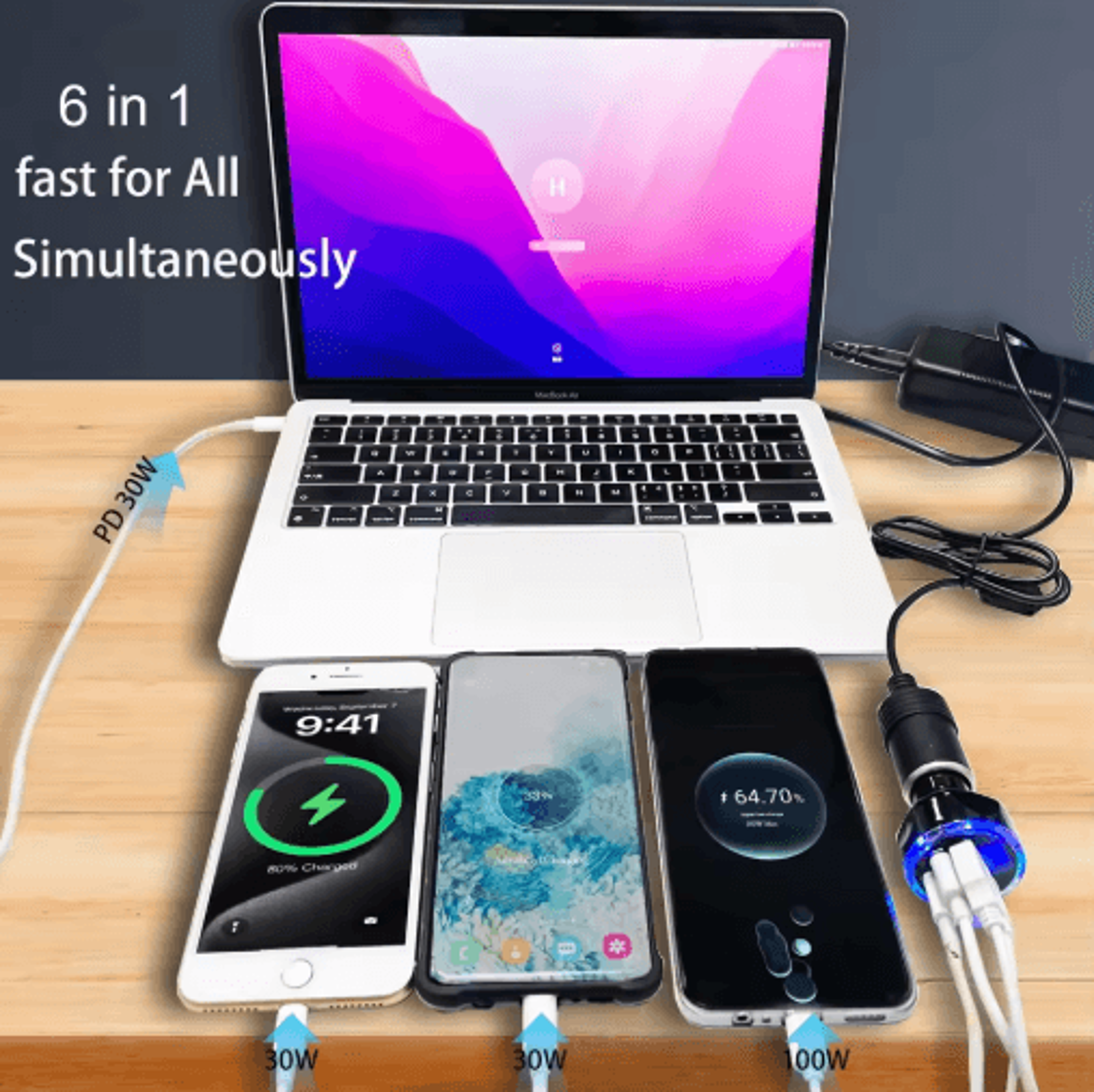 UYUXIO 6 In 1 Multi Port USBC Car Charger With PD 30W And Voltage Display 6
