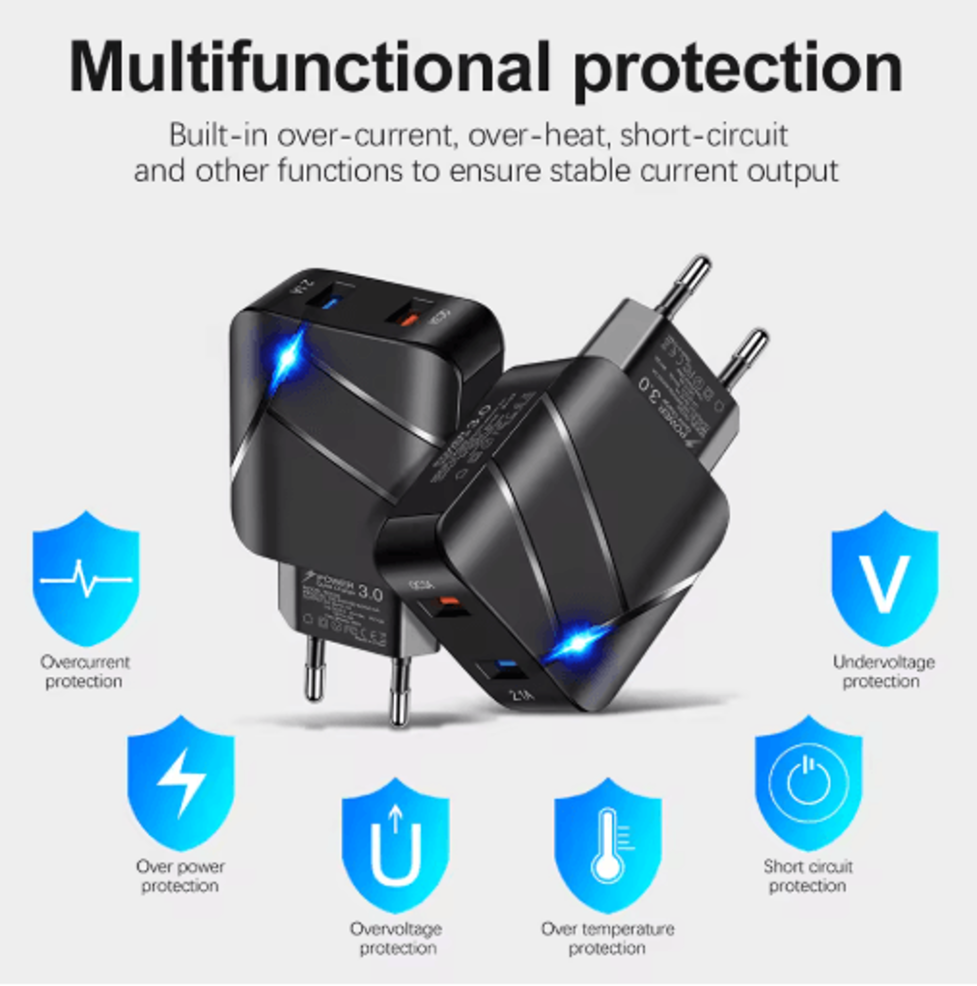 28W Dual USB QC30 Fast Charger With LED Light EU Plug 4