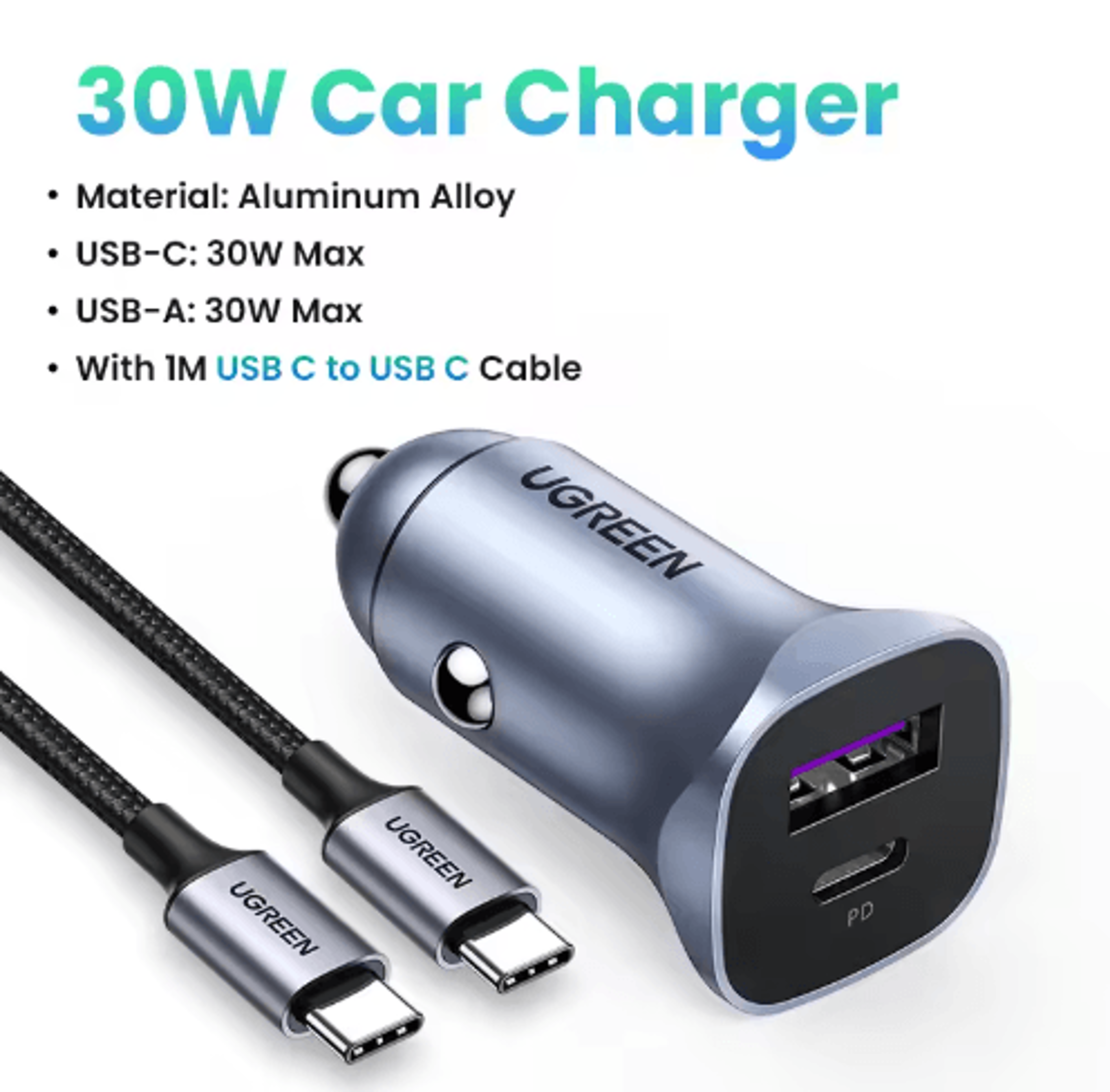 UGREEN Ultra Fast Car Charger USBC PD Quick Charge Adapter For IPhone  Xiaomi 3