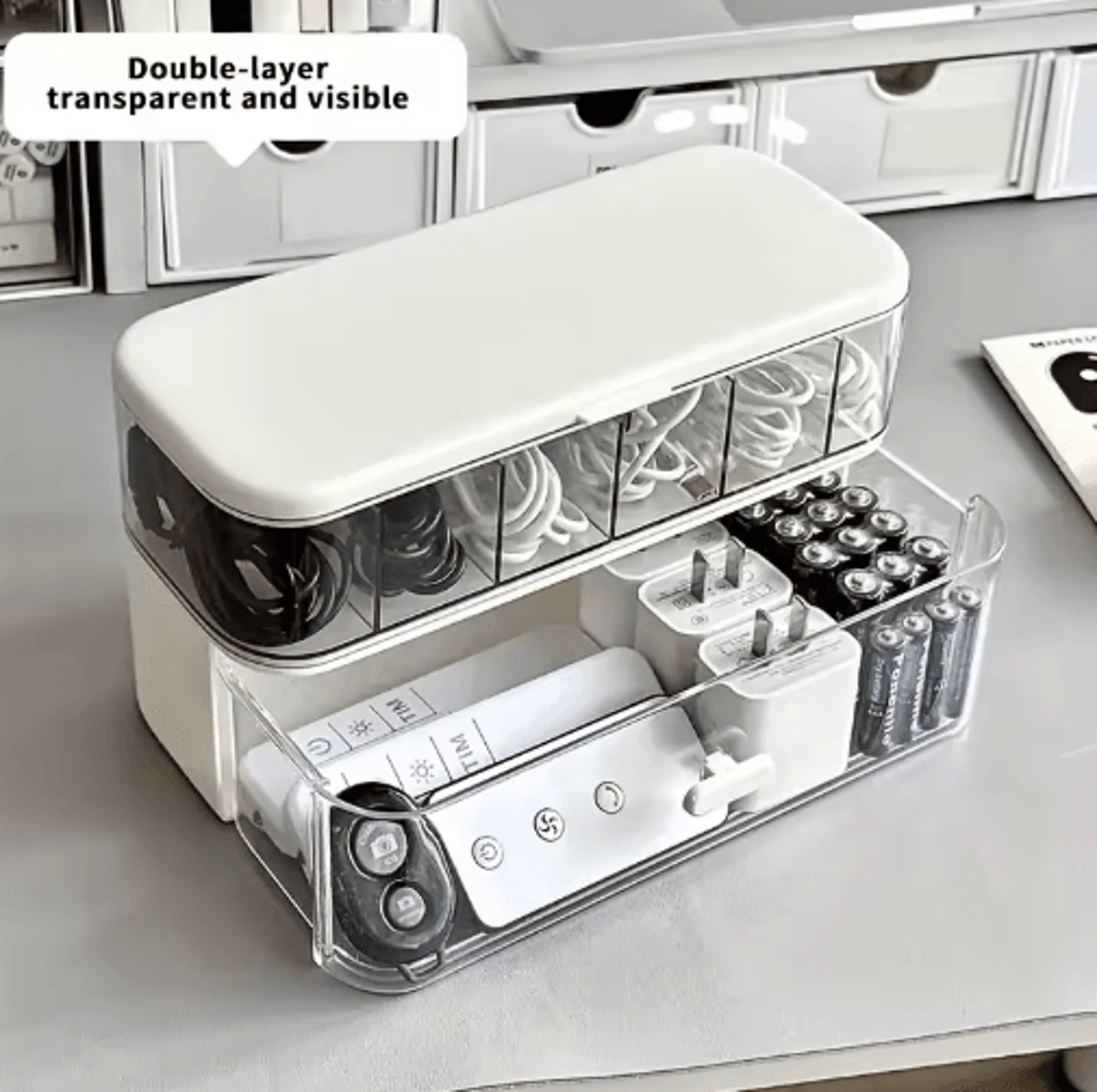 Double Layer Transparent Cable Organizer Desk Storage Box 6