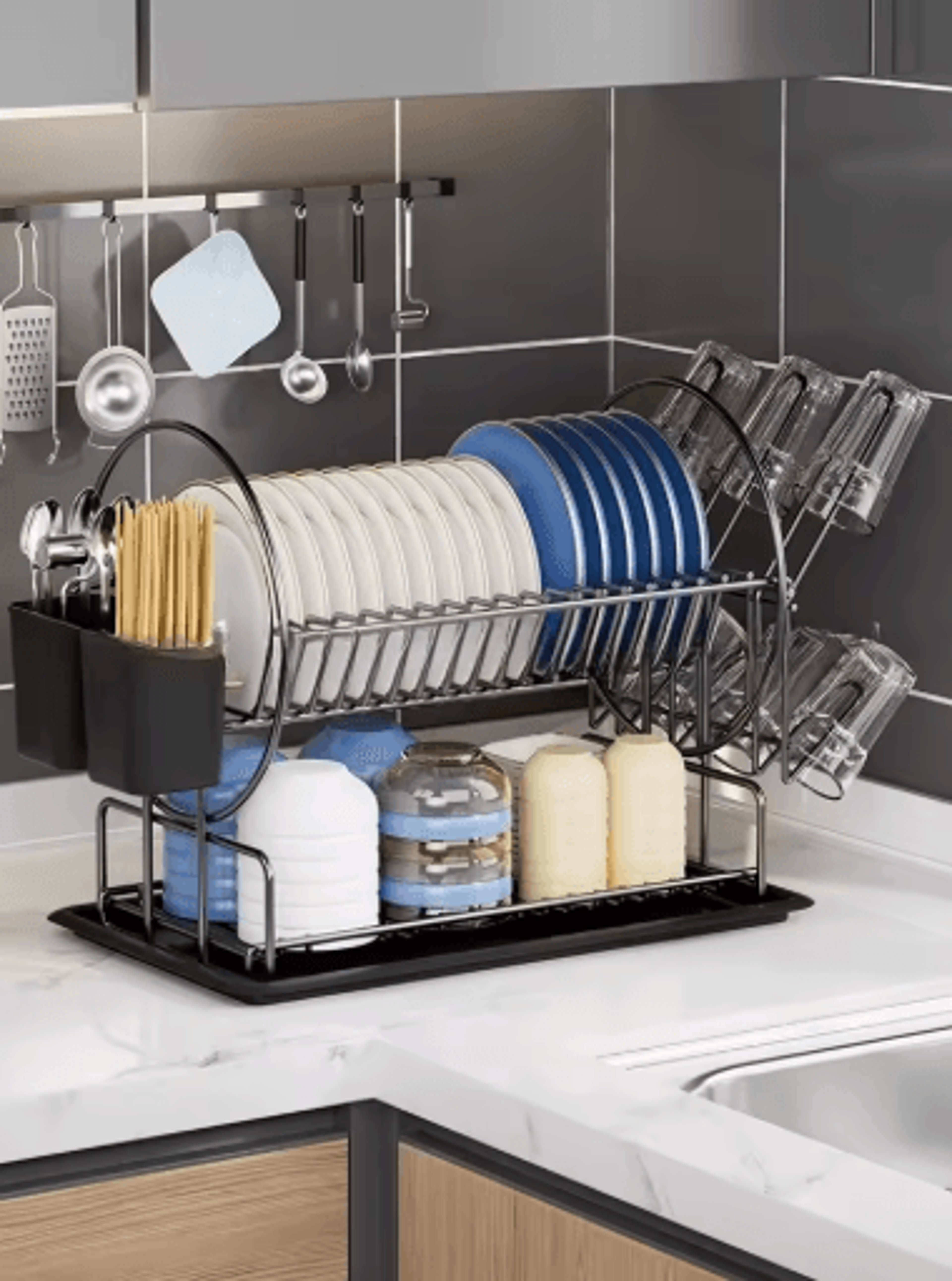 2 Tier Dish Drying Rack With Drain Board Kitchen Countertop Storage Set With Cup  Cutlery Holder 1
