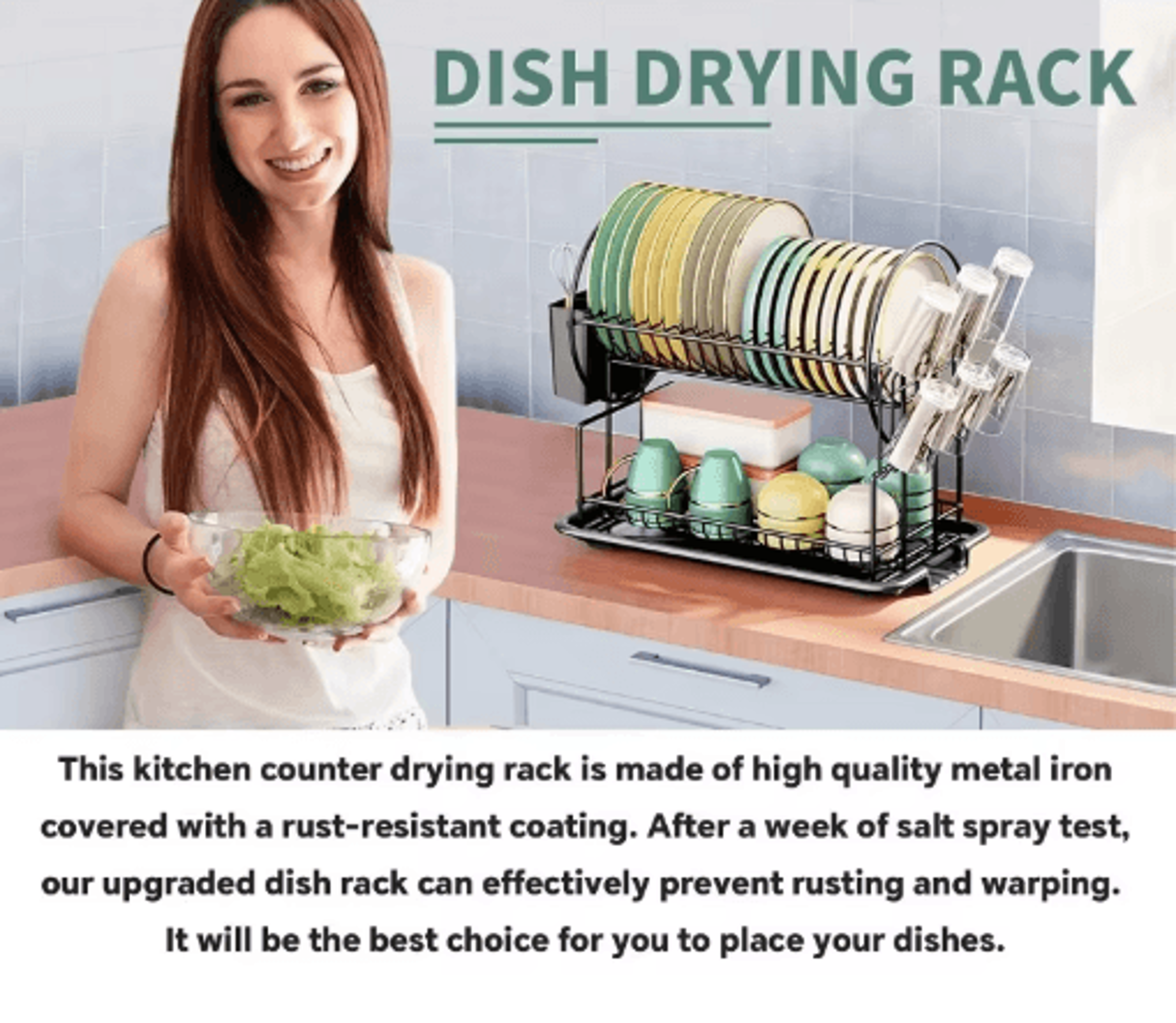2 Tier Dish Drying Rack With Drain Board Kitchen Countertop Storage Set With Cup  Cutlery Holder 3
