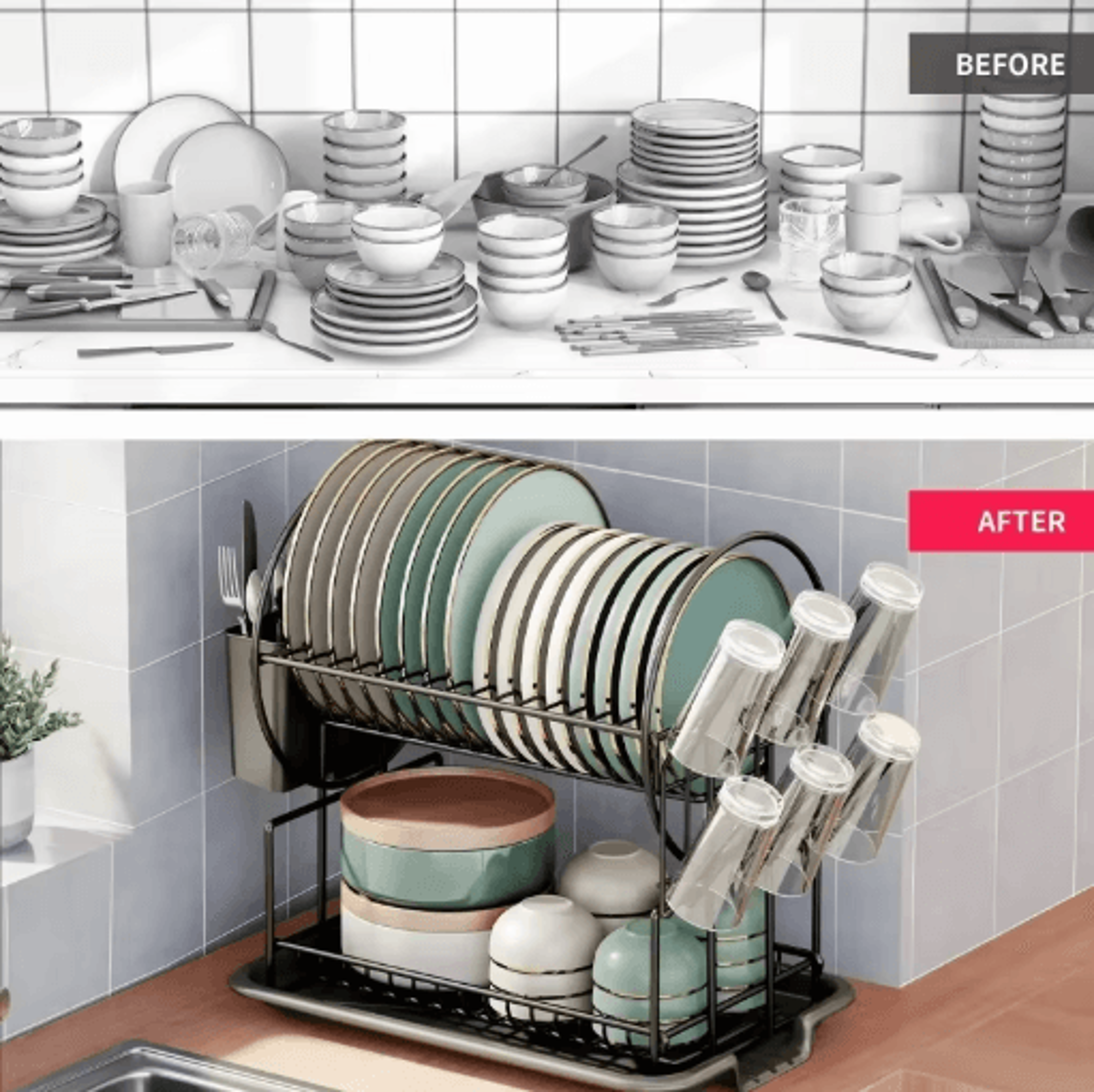 2 Tier Dish Drying Rack With Drain Board Kitchen Countertop Storage Set With Cup  Cutlery Holder 5