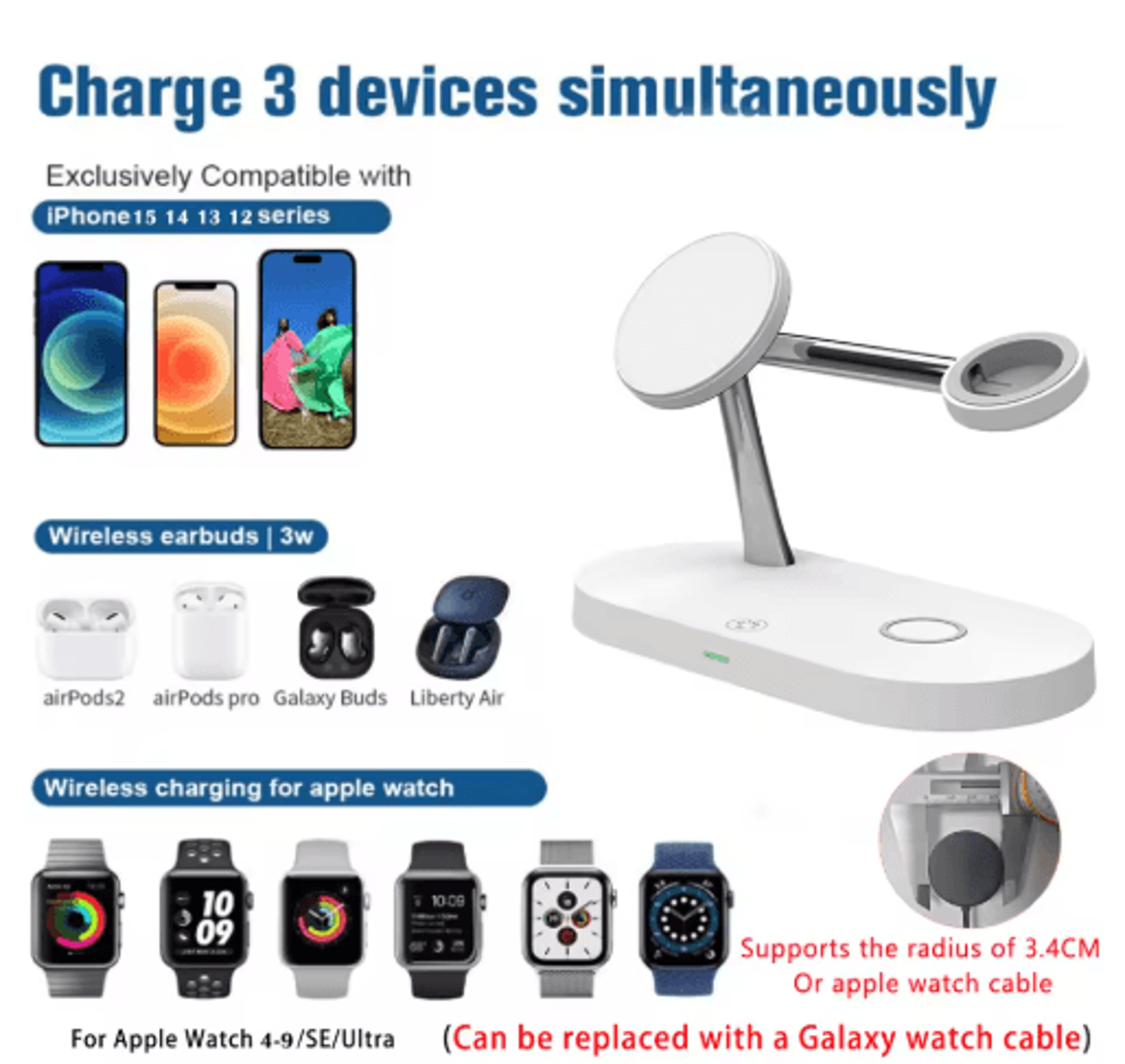3in1 MagSafe Magnetic Wireless Charging Stand  Fast Charging Station For IPhone Apple Watch AirPods 7